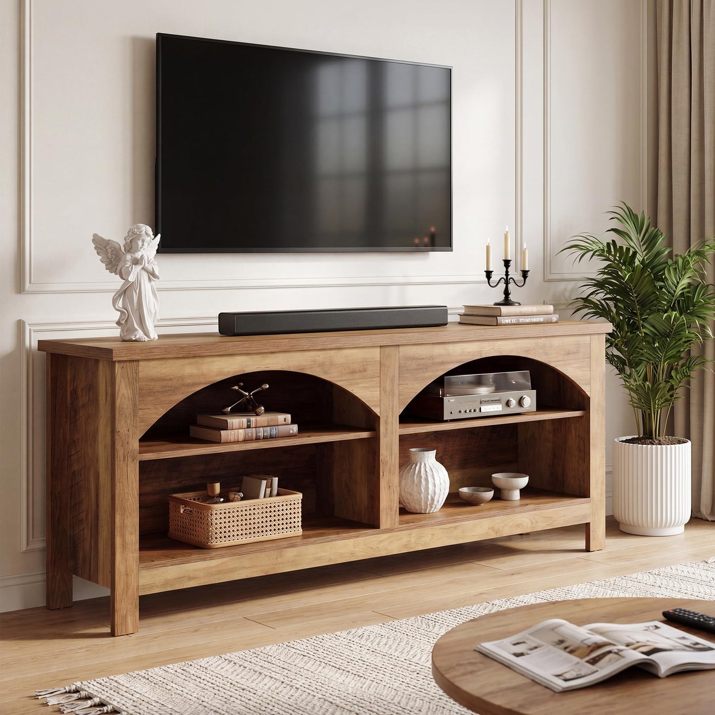 Tribesigns 63 Inch TV Stand for TVs Up to 70", Farmhouse Entertainment Center with Adjustable Shelves, Cable Management Holes & Arched Open Storage, Wooden Media Console Cabinet, Rustic Brown
