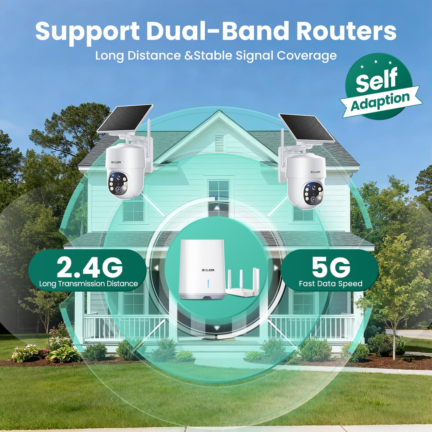 SOLIOM- 5MP Security Cameras Wireless Outdoor, No Subscription & Solar Powered,2-Cam Pack Home Security Camera with 360° Auto Human Motion Tracking, 3K Color Night Vision,5G & 2.4G Router Compatible