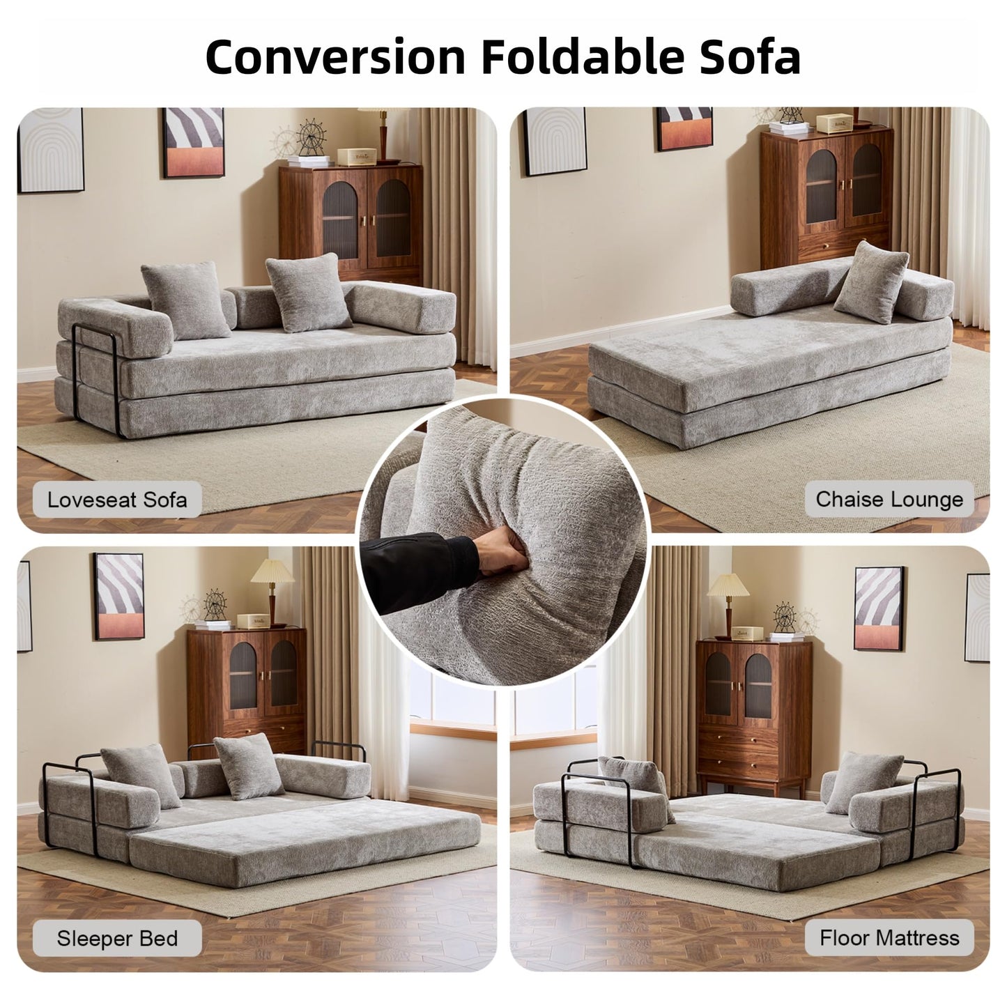 Trygoal 78”Convertible Sofa Bed, 4-in-1 Futon Boneless Couch with Armrest & Pillows, Compressed Chenille Folding Sleeper Bed for Living Room, Guest Room and Dorm, Light Grey