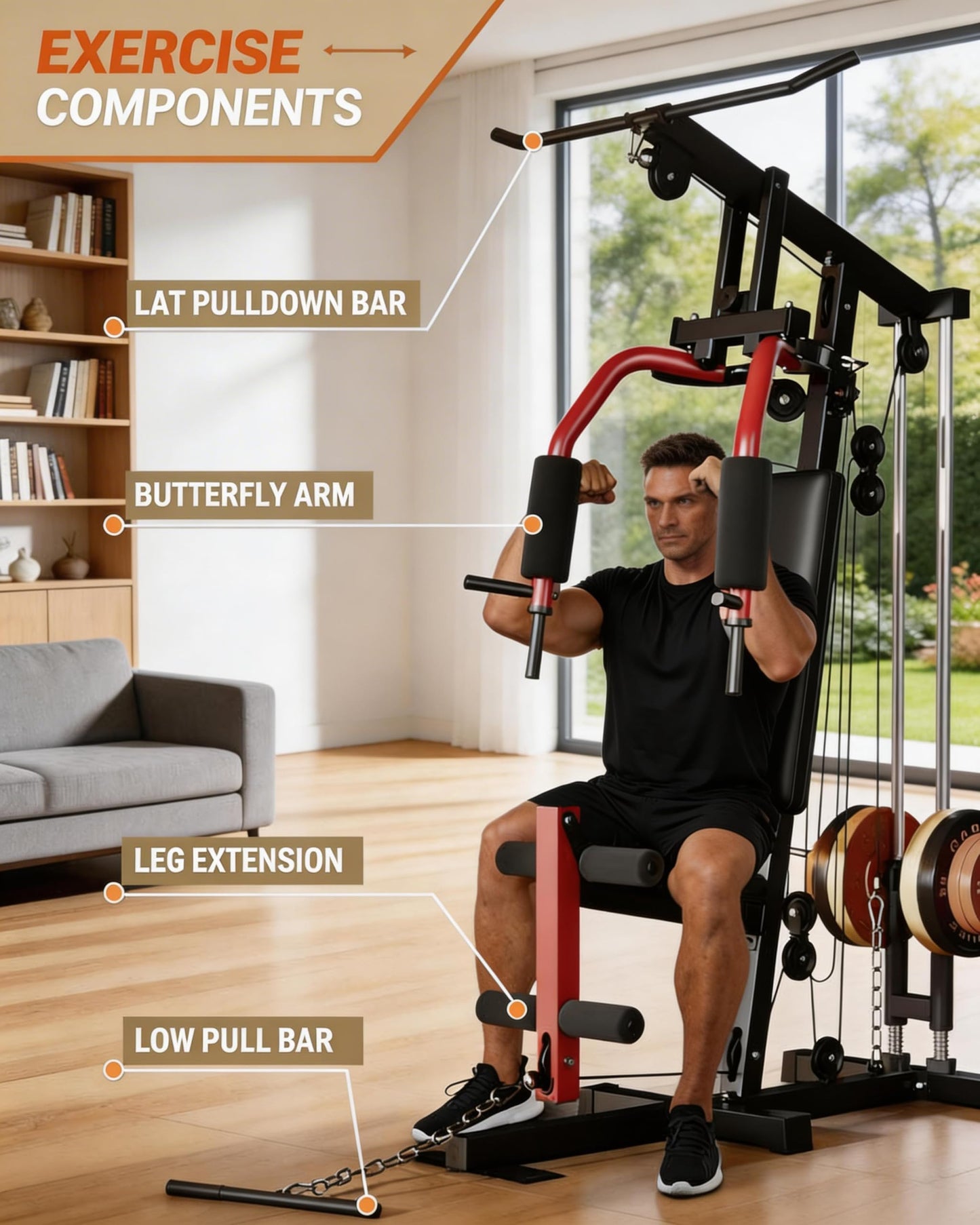 Full Body Workout Machine - 5-in-1 Home Gym Equipment with LAT Pulldown, Chest Press, Leg Extension & Seated Row, 300LB Capacity Strength Training Station, Fits 1” & 2” Weight Plates (Not Included)