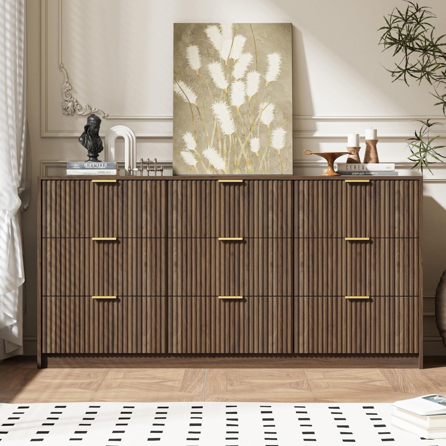 MAISONARIA 9 Drawer Dresser for Bedroom, 63" Wide Modern Fluted Dresser with Gold Metal Handles, Chest of Drawers for Bedroom, Living Room, Entryway, Hallway, Walnut