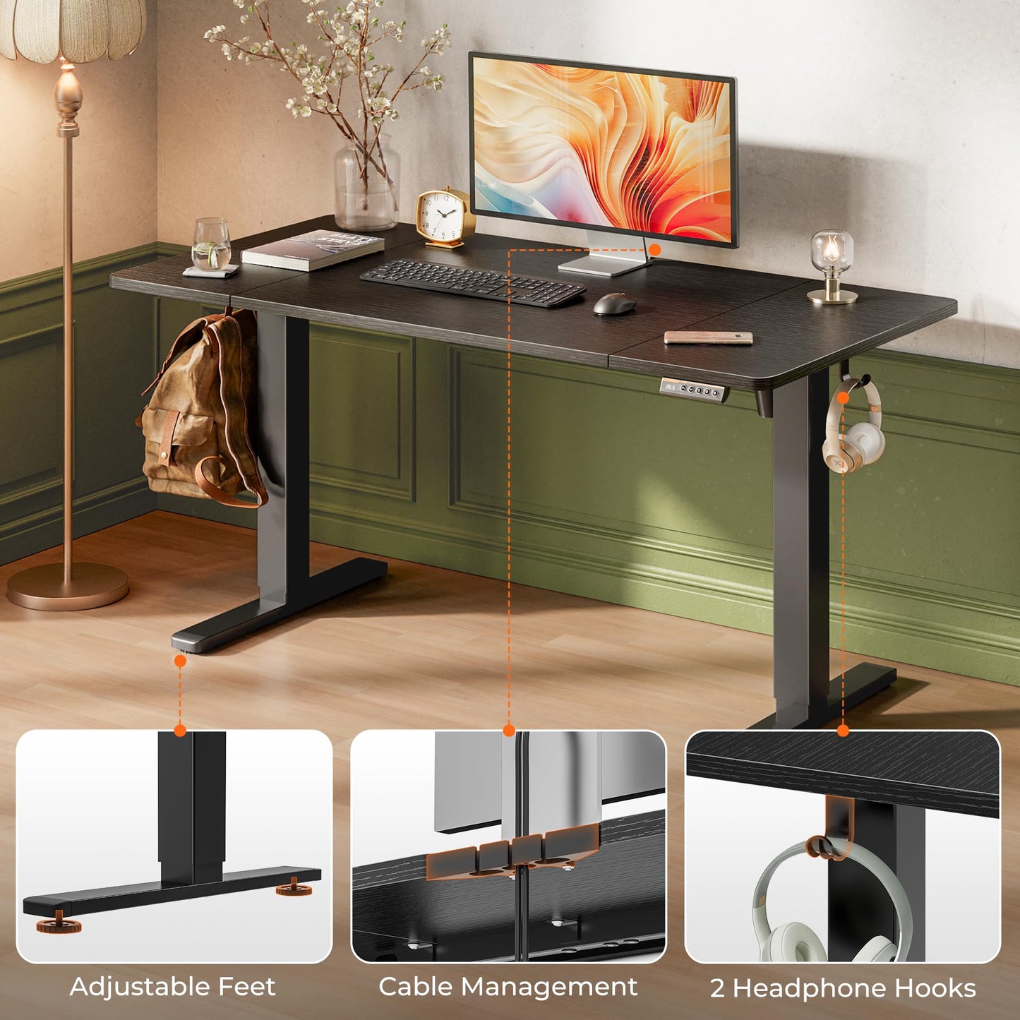 Huuger 55 x 28 Large Electric Standing Desk, Height Adjustable Computer Desk, 27.6" Deep Desktop, Stand up Gaming Office Table with 2 Hooks, 3 Preset Heights, for Home Office, Black