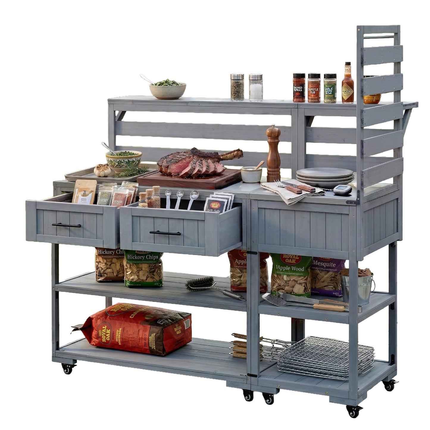 GDFStudio Elshire Patio Kitchen Island Cart with Storage, Wooden Outdoor Storage Cabinet with Stainless Steel BBQ Prep Table Top, Drawers, Raised Shelf and Lockable Wheels, Garden Potting Bench, Gray