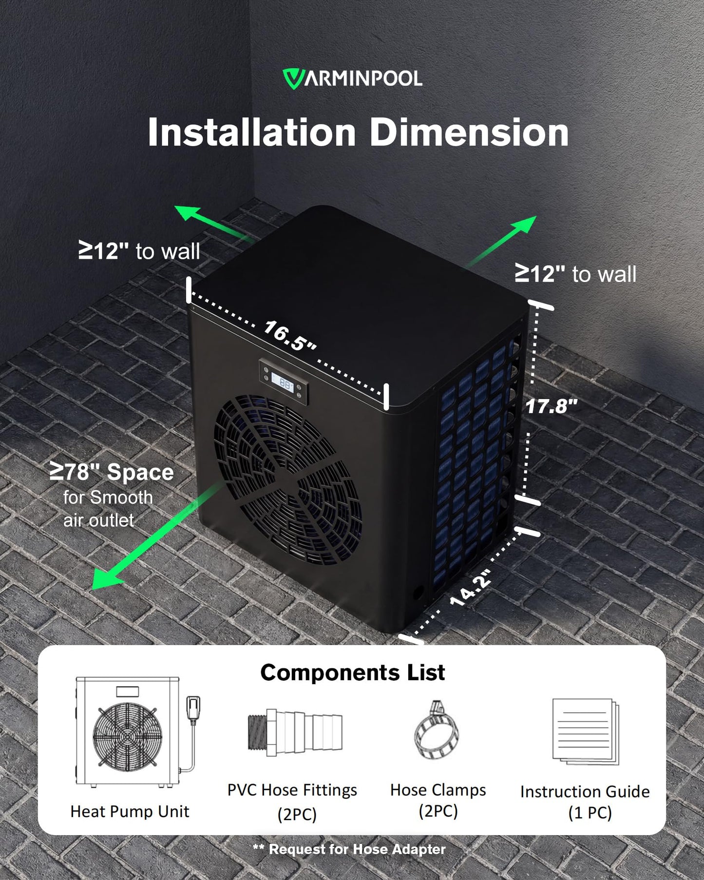 VARMINPOOL 16000 BTU Heat Pump for Above Ground Pool up to 5500 Gallons, Pool Heater with Smart Inverter and WiFi Control Via App, 110V Swimming Pool Electric Heater, Titanium Heat Exchanger, V5