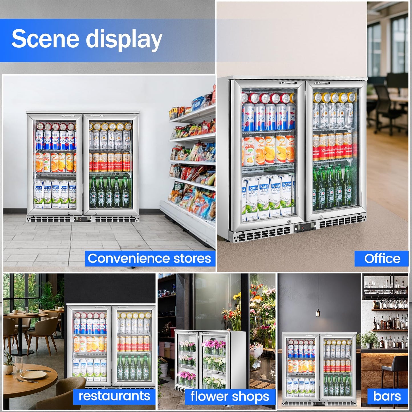 BINGERMA Back Bar Cooler with 2 Glass Doors Under Counter Commercial Beverage Refrigerator Silver Stainless Steel 7.4 Cu.ft. ETL Drink Fridges for Bar,Office