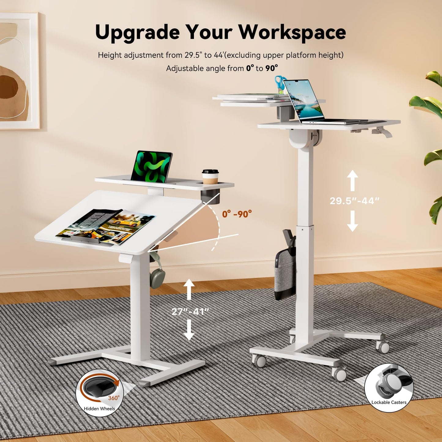Liftsync 28Inch Mobile Standing Desk On Wheels， Rolling Laptop Stand with Tiltable Desktop， Small Computer Workstation Adjustable Height， 2-Tier Portable Study Table with Storage Shelves， White