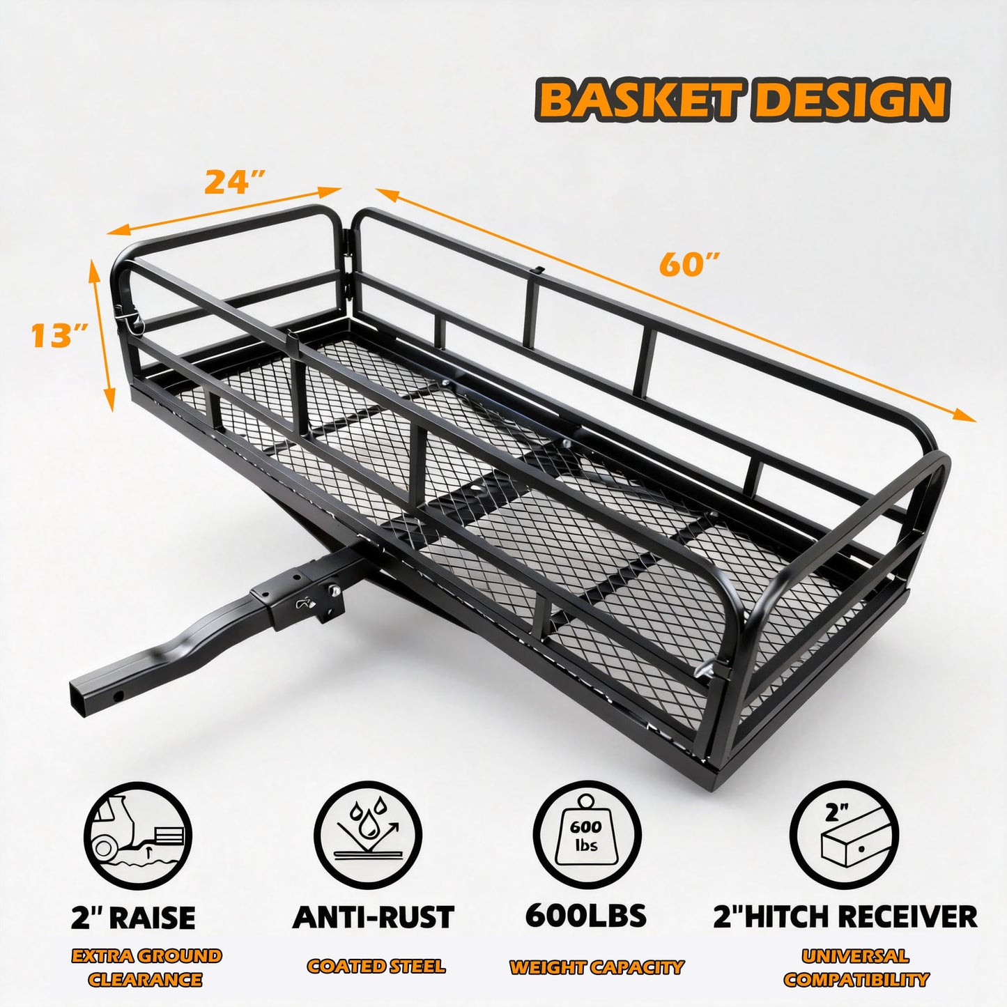 fouwick 60" x 24" x 13" Hitch Cargo Carrier, 600 Lbs Heavy Duty Folding Luggage Rack for SUV & Truck, Steel Mesh Cargo Carrier Hitch Mount Fits 2" Receiver, Powder Coated Vehicle Cargo Basket