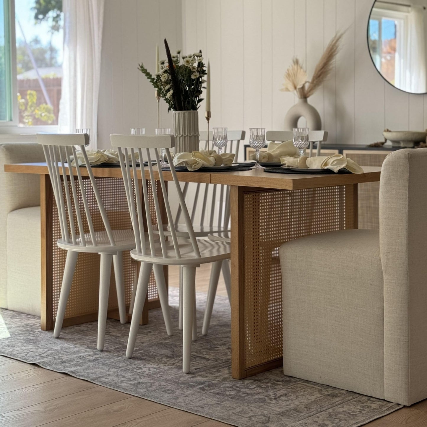 Nathan James Willow Boho Dining Table for 6 with Solid Wood Legs, 6-Person Natural Wood Dining Table, Warm Pine or Brown with Bohemian Rattan Accent