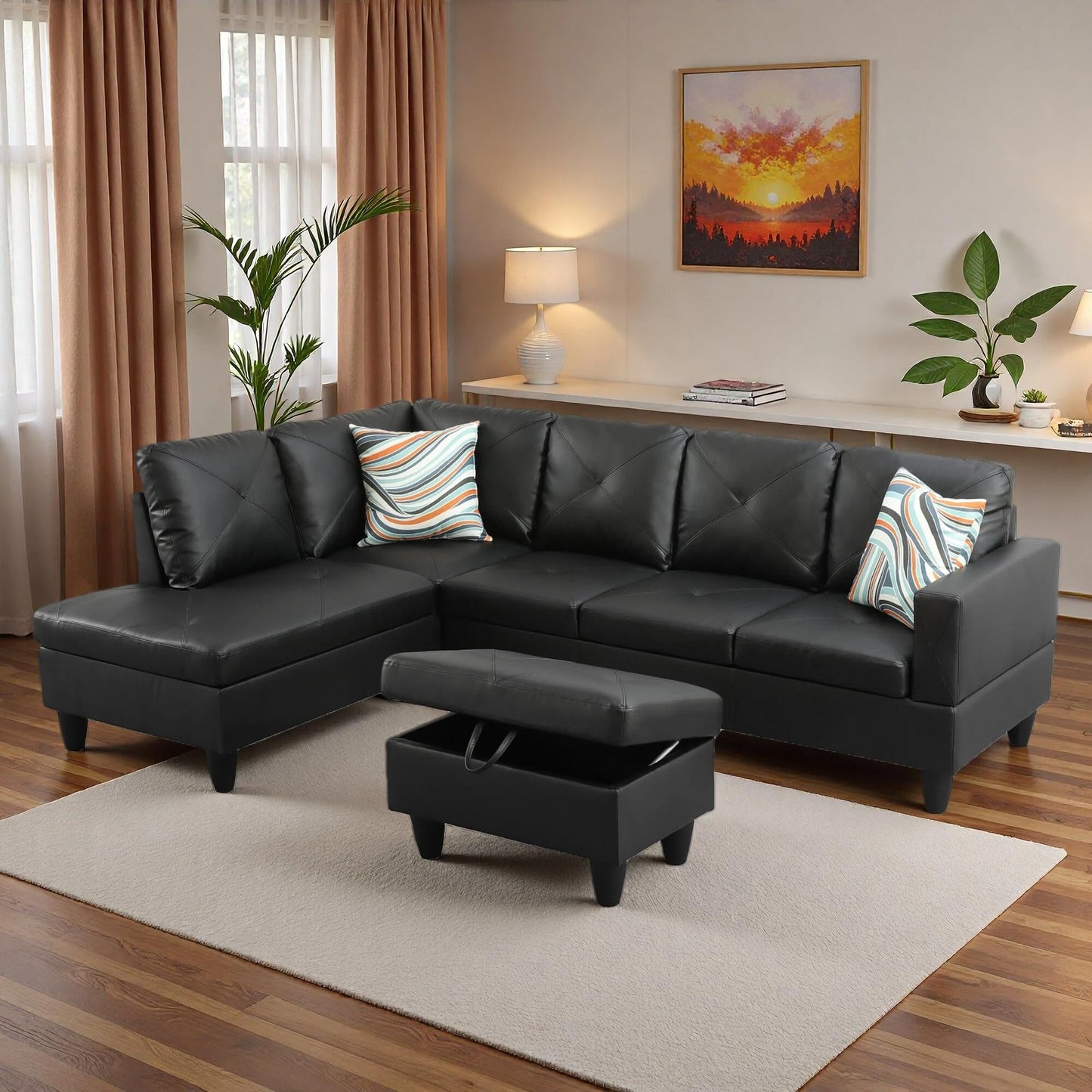 Trygoal L-Shaped Sectional Sofa with Movable Chaise & Storage Ottoman, Leather 3-Piece Modular Convertible Couches for Living Room, Apartment & Office, Dark Black