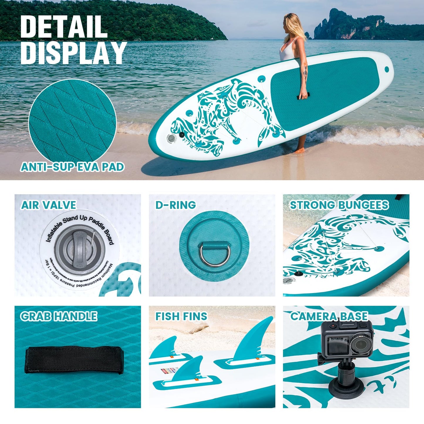 FEATH-R-LITE Inflatable Paddle Board Stand Up Paddleboards for Adults SUP with Premium Accessories Pump, Adjustable Paddle, Leash, Three Fins, Backpack (Green)