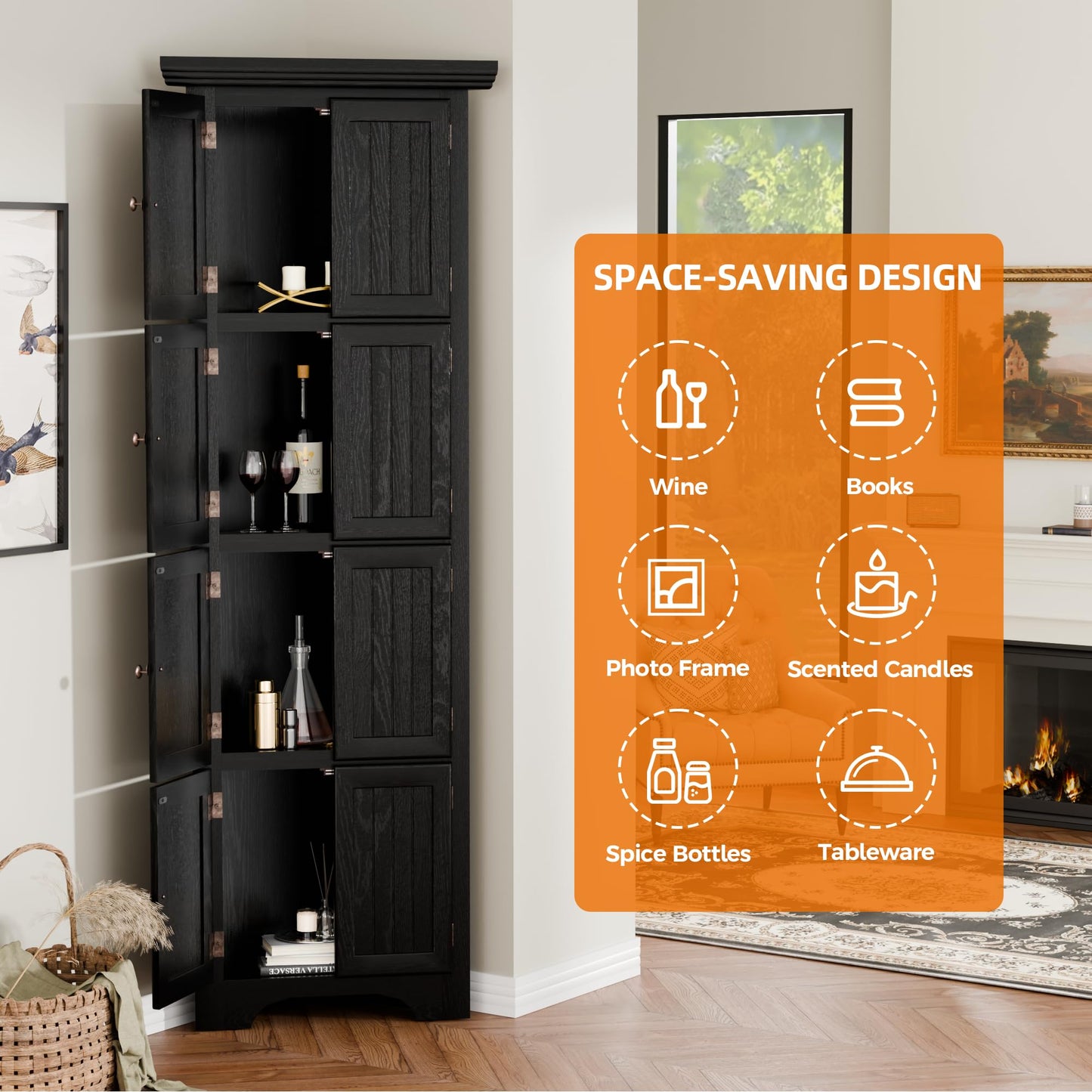 Trygoal 4 Tier Farmhouse Corner Storage Cabinet, 72" H Kitchen Pantry Cabinet with 8 Doors & 4 Shelves, Corner Storage Rack for Living Room, Kitchen, Office, Black