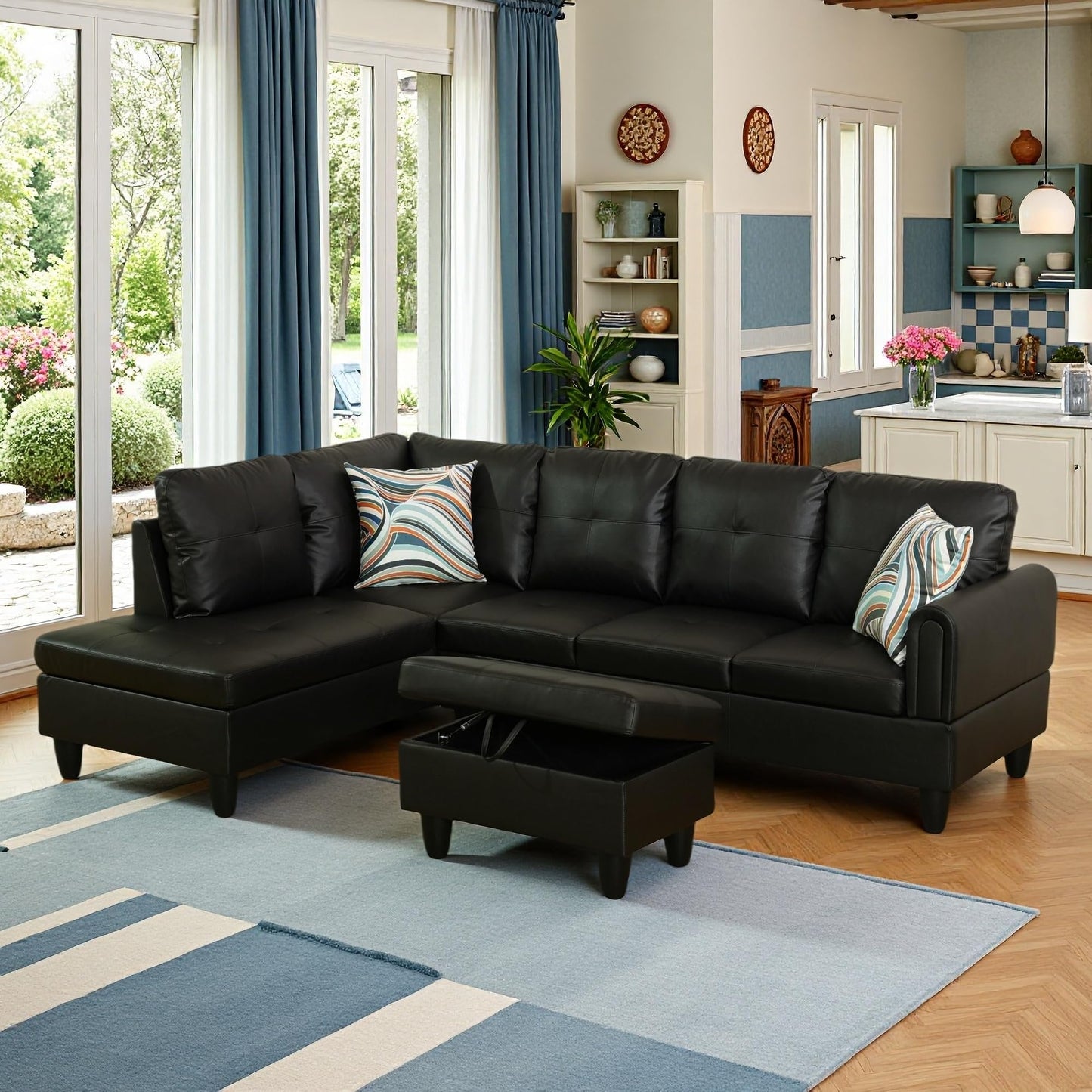Trygoal L-Shaped Sectional Sofa with Movable Chaise & Storage Ottoman, Leather 3-Piece Modular Convertible Couches for Living Room, Apartment & Office, Glossy Black