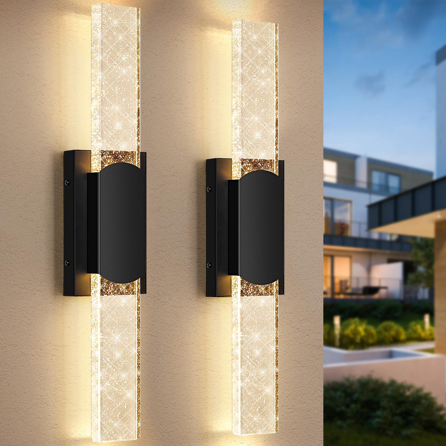 BesLowe Outdoor Wall Light Fixture, 23.5in Black Aluminum, Waterproof Crystal Bubble Glass, Model B04058L, LED Porch Light