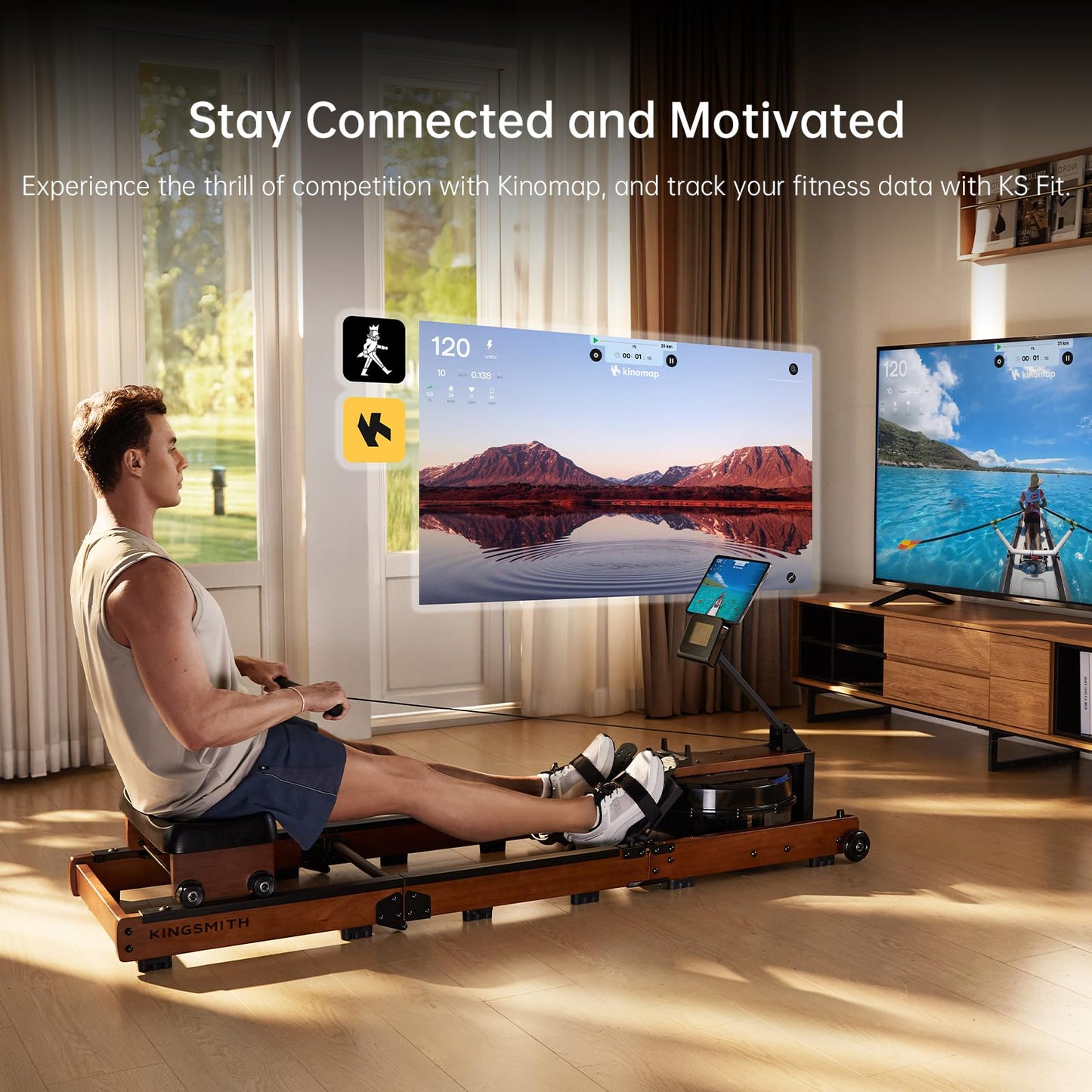 KINGSMITH Water Rowing Machines for Home, 400 LBS Row Machine Foldable with Monitor, Rotatable Device Holder, APP Supported for Water Rowers for at Home Exercise
