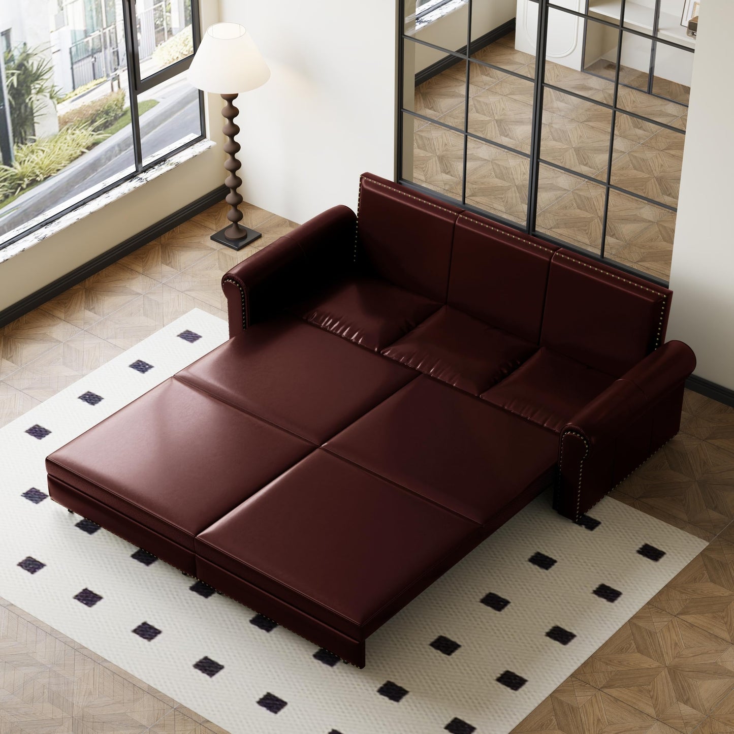 KEIKI 94" Chesterfield Sofa with Pull-Out King Sleeper Bed, 3-in-1 Convertible Faux Leather Sofa Bed, Rolled Arm Upholstered Couch for Living Room, Bedroom, Office, Burgundy