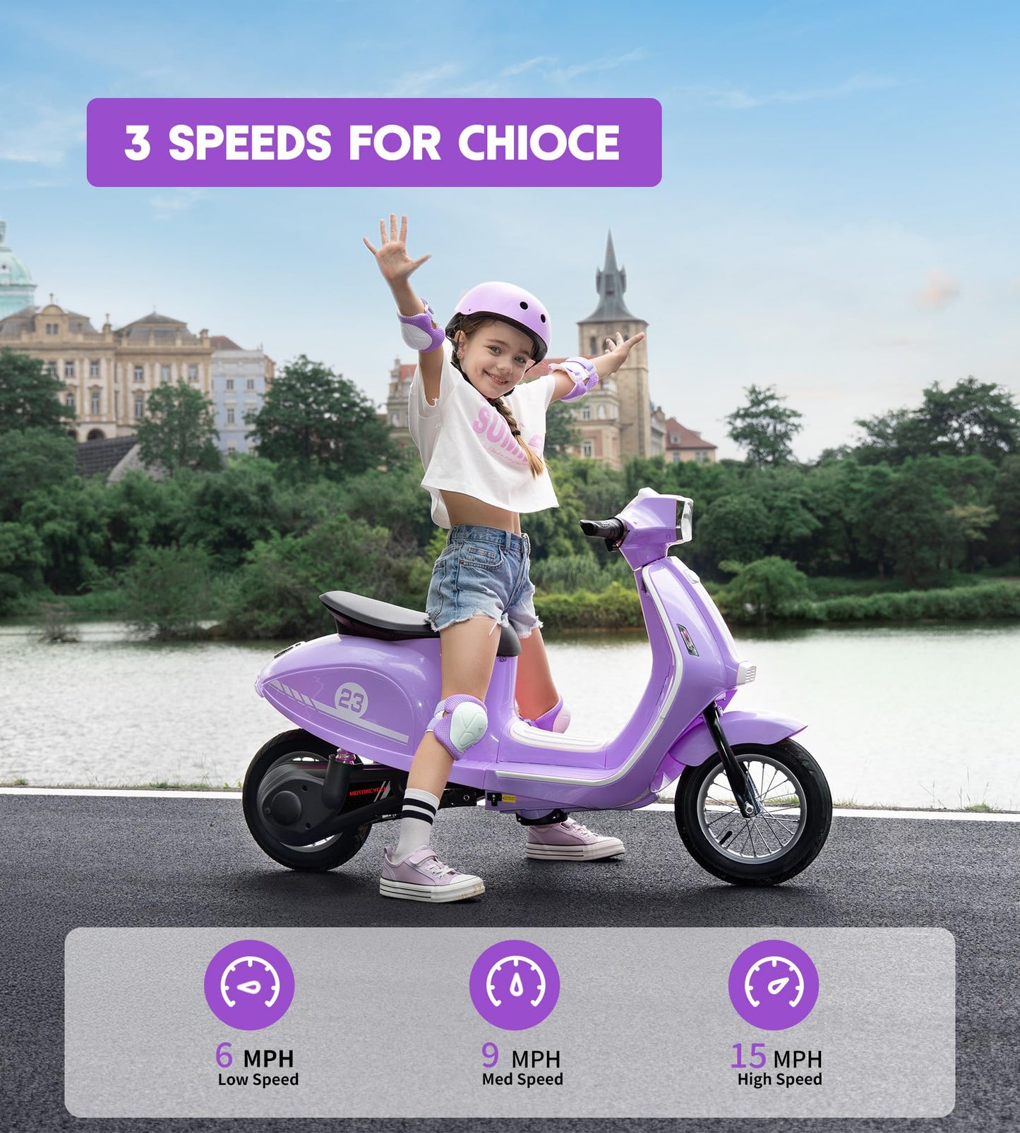 24V Kids Motorcycle, Electric Motorcycle Bike for Kids with 350W Motor, 3 Speed, 14.3MPH, Electric Scooter Moped w/Music, Story, LED Lights, 143lbs Max Load, Ride On Toy for Ages 8+, Purple