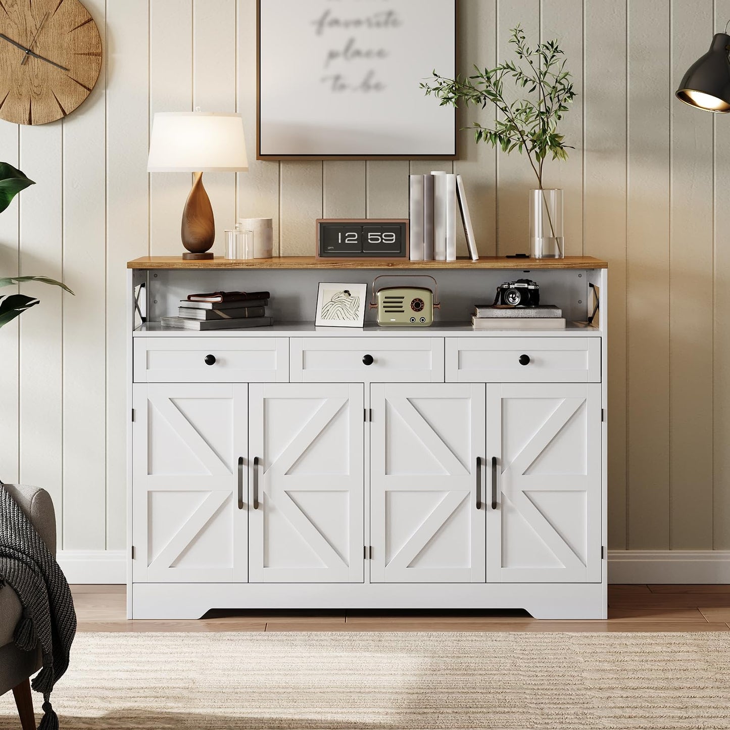 GarveeHome Farmhouse Buffet Cabinet with Storage, Open Shelf & Charging Station, 51" Kitchen Hutch Pantry Cabinet Sideboard Coffee Bar Station with 4 Barn Doors & 3 Drawers for Kitchen, Dining Room