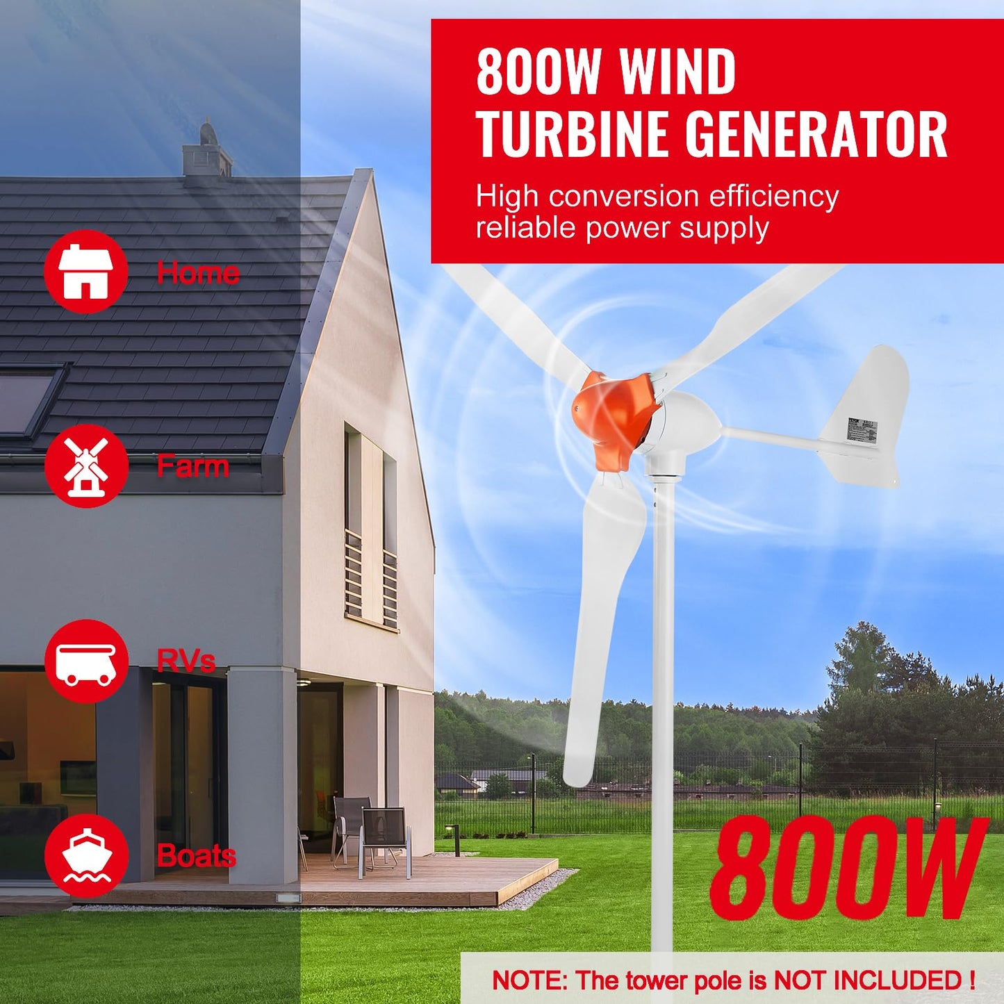 Happybuy 800W Wind Turbine Generator, 12V Wind Turbine Kit, 3-Blade Wind Power Generator with MPPT Controller, Adjustable Windward Direction & 2.5m/s Start Wind Speed for Home, Farm, RVs, and Boats