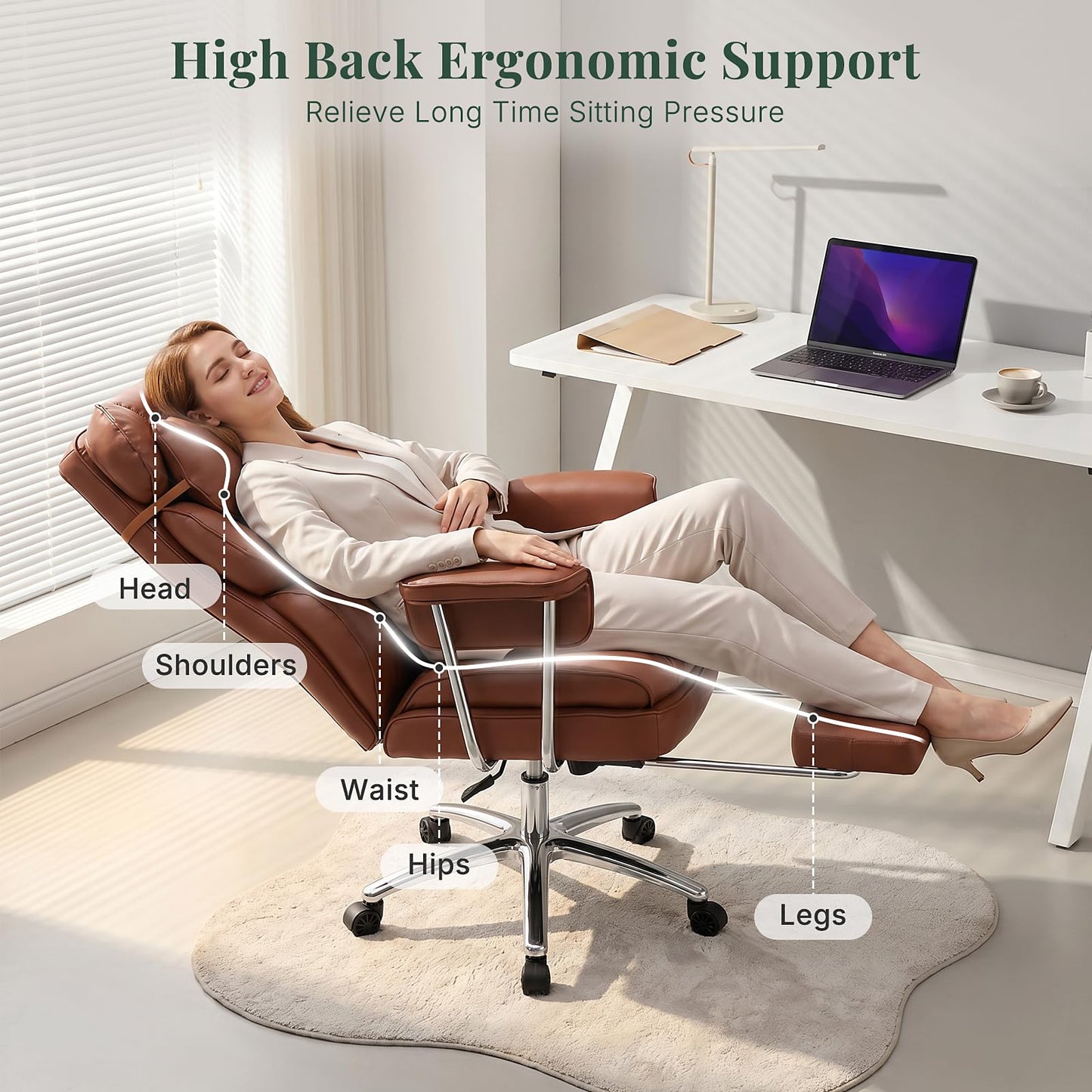 HAPPYMONT Executive Ergonomic Office Chair, PU Leather High Back Reclining Office Chair with Footrest and Lumbar Support, Height Adjustable Rolling Swivel Computer Chair for Home Office,Brown