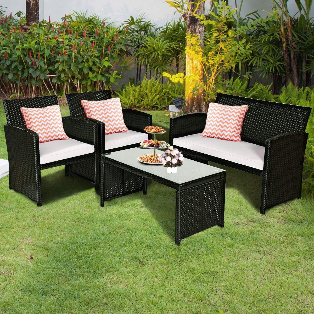 Tangkula Patio Wicker Conversation Furniture Set, Patiojoy Sofa & Table Set w/4 Seats, Outdoor Rattan Sofa Set for Balcony Backyard, Wicker Chair Set with Tempered Glass Coffee Table (1, White)