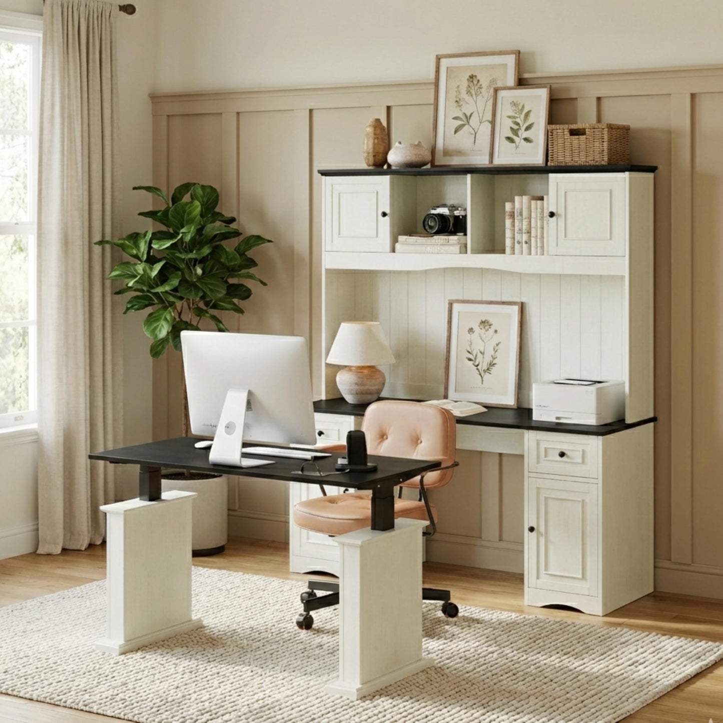 BANTI 60" Adjustable L Shaped Executive Desk with Hutch and Storage Cabinet, Farmhouse Computer Desk with Charging Station, Reversible Home Office Workstation, Antique White