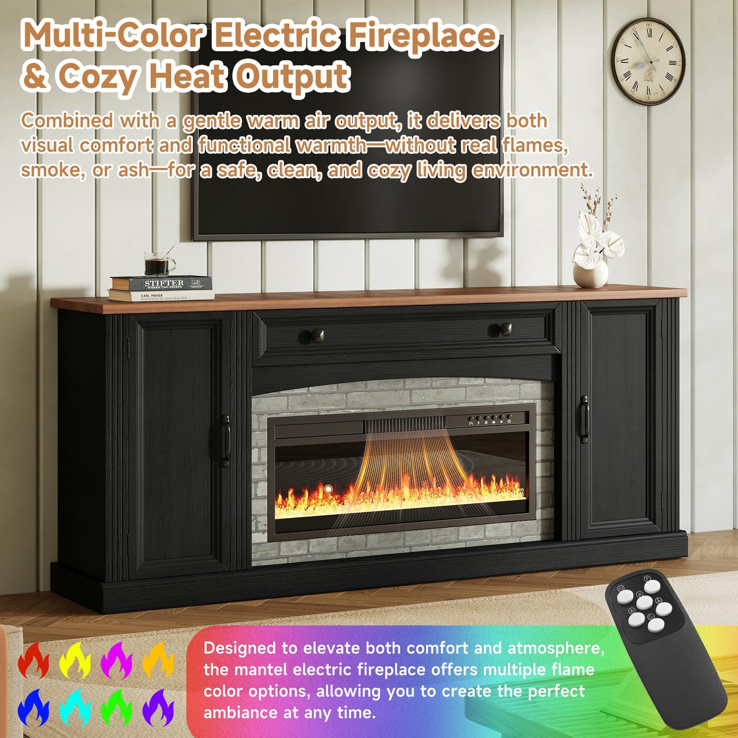 Merax Electric Fireplace TV Stand with Storage, Farmhouse Entertainment Center for Living Room, Heater Unit with Adjustable Shelves & Cable Management, MDF Wood Media Console Table, Black