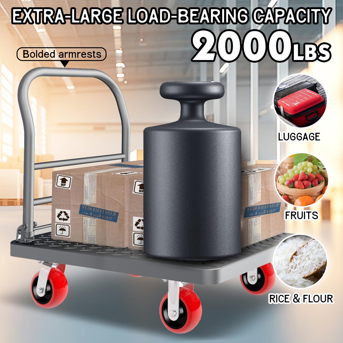 2000 lbs Heavy Duty Platform Truck, Foldable Flatbed Push Cart with 5" Silent Swivel Wheels, Folding Utility Cart for Warehouse, Garage, Office, Moving, Industrial Material Handling, 36" x 24"
