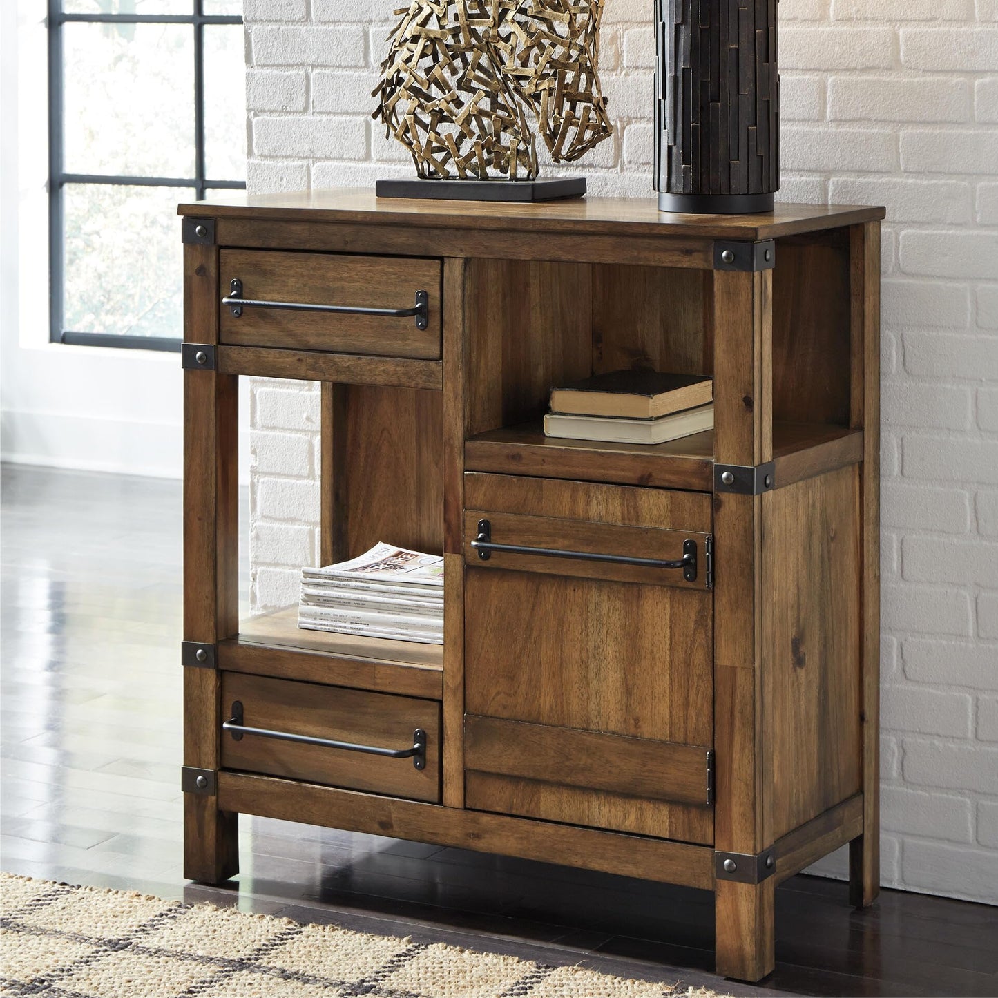 Signature Design by Ashley Roybeck Industrial Accent Cabinet with 2 Shelves, 1 Adjustable Shelf and 2 Drawers, Light Brown