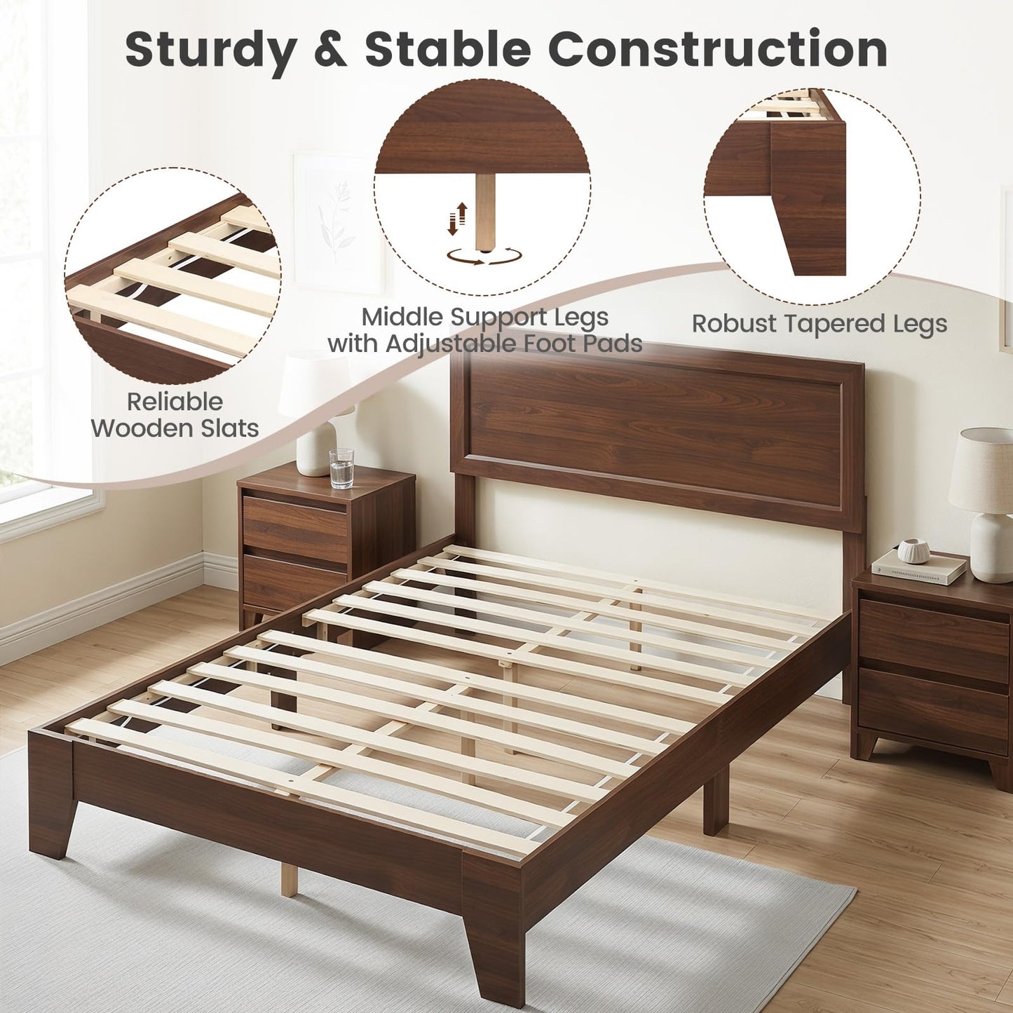 KOMFOTT Full Size Bed Frame, Mid-Century Modern Platform Bed with Headboard, Wooden Slat Support Mattress Foundation, Under-Bed Storage Space, No Box Spring Needed (Walnut,Full)