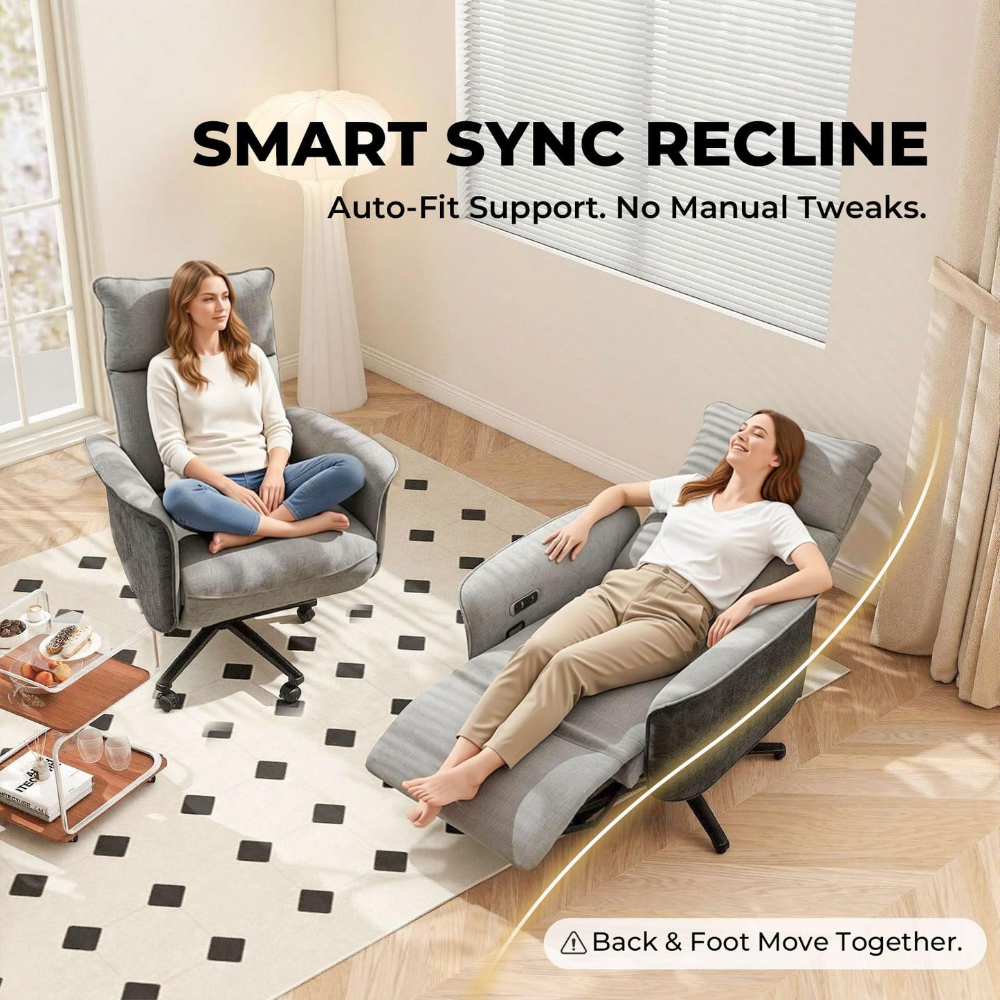 Liftsync Ergonomic Executive Recliner, Adjustable Electric Office Chair 90-155° with Footrest, 4-Position Headrest, 300LBS Heavy Duty, 2-in-1 Base Swivel Desk Chair w/USB, Grey & Black Chenille