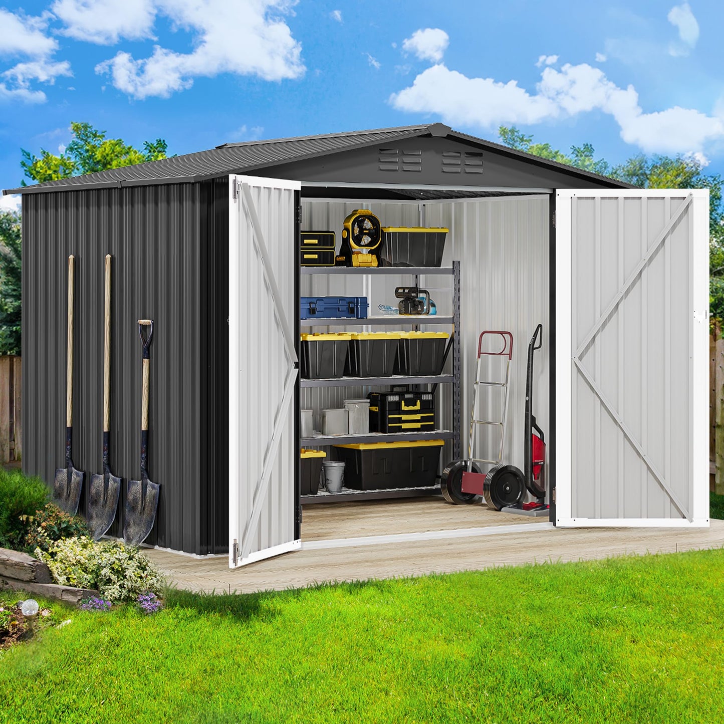 DWVO 7x5ft Metal Outdoor Storage Shed, Waterproof Tool Shed Heavy-Duty Storage Unit with Lockable Door and Vents, Ideal for Bicycles, Tools, Lawnmowers, Backyards, Patios, Lawns - Dark Gray