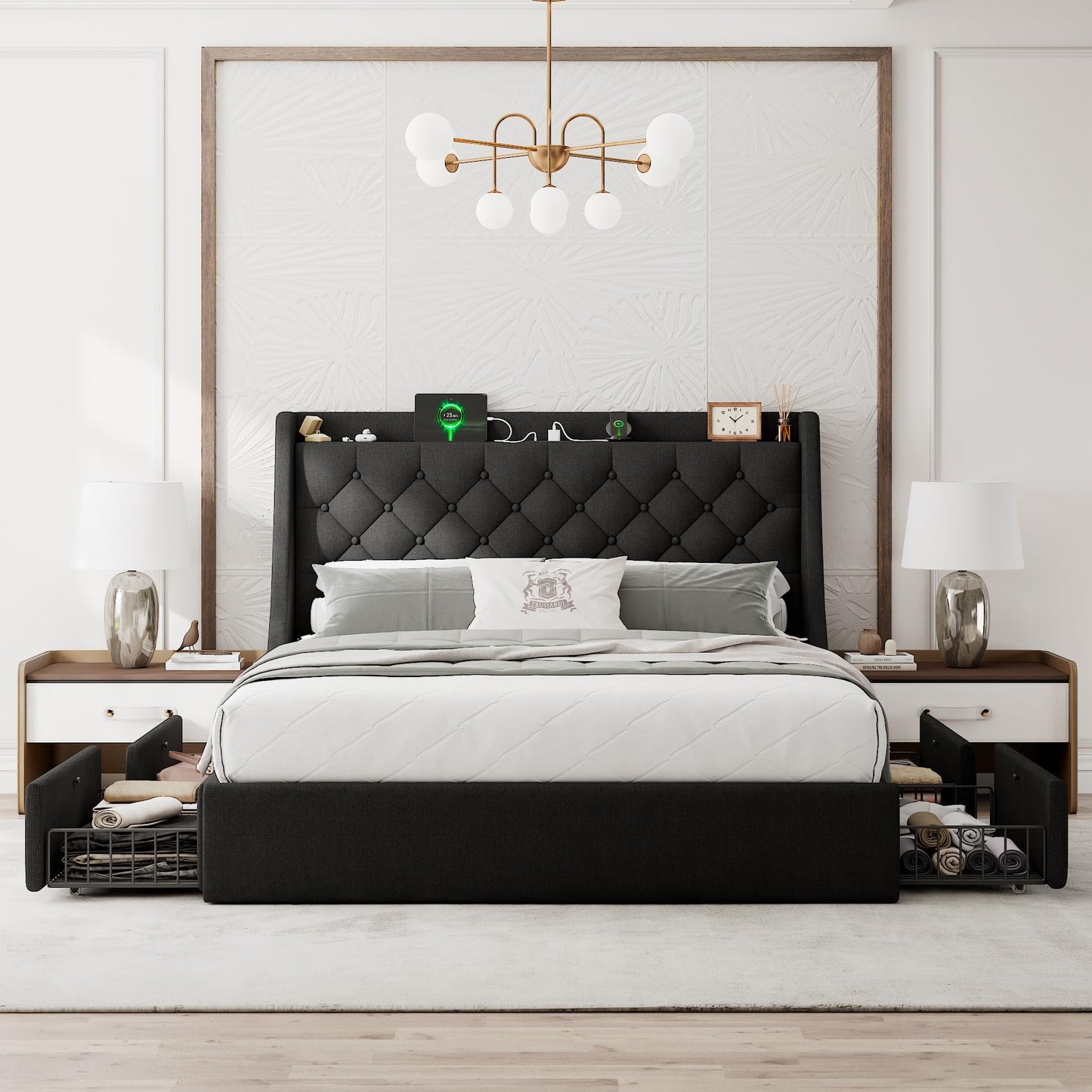 Einhomn Queen Bed Frame with 4 Storage Drawers, Upholstered Modern Bed Frame with Wingback Headboard, Charging Station, No Box Spring Needed, Easy Assembly, Black