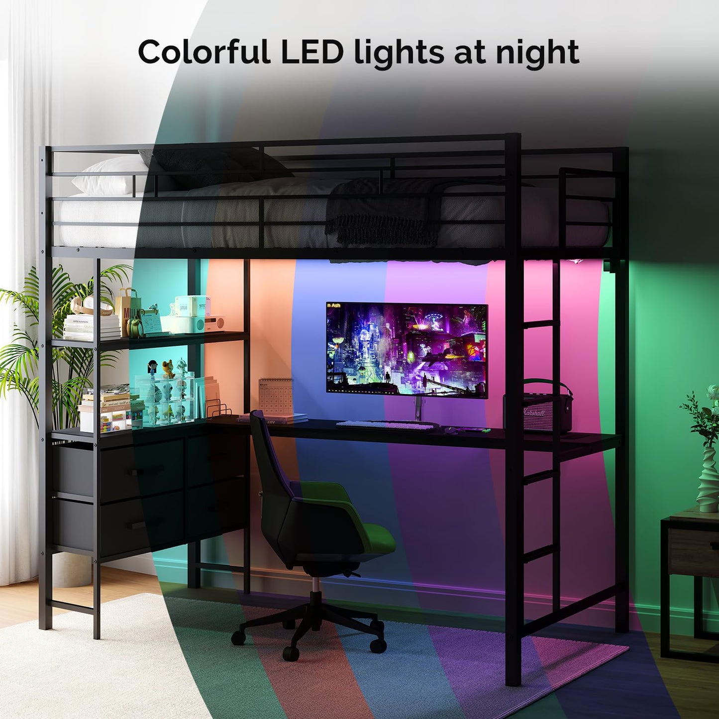 VINGLI Full Metal Loft Bed Frame with L-Shaped Desk, 15 Inches Guardrail, Non-Slip Ladder, 2 Charging Stations, Storage Shelves/4 Drawers/LED Lights, for Kids Teens Adults, No Box Spring Needed, Black