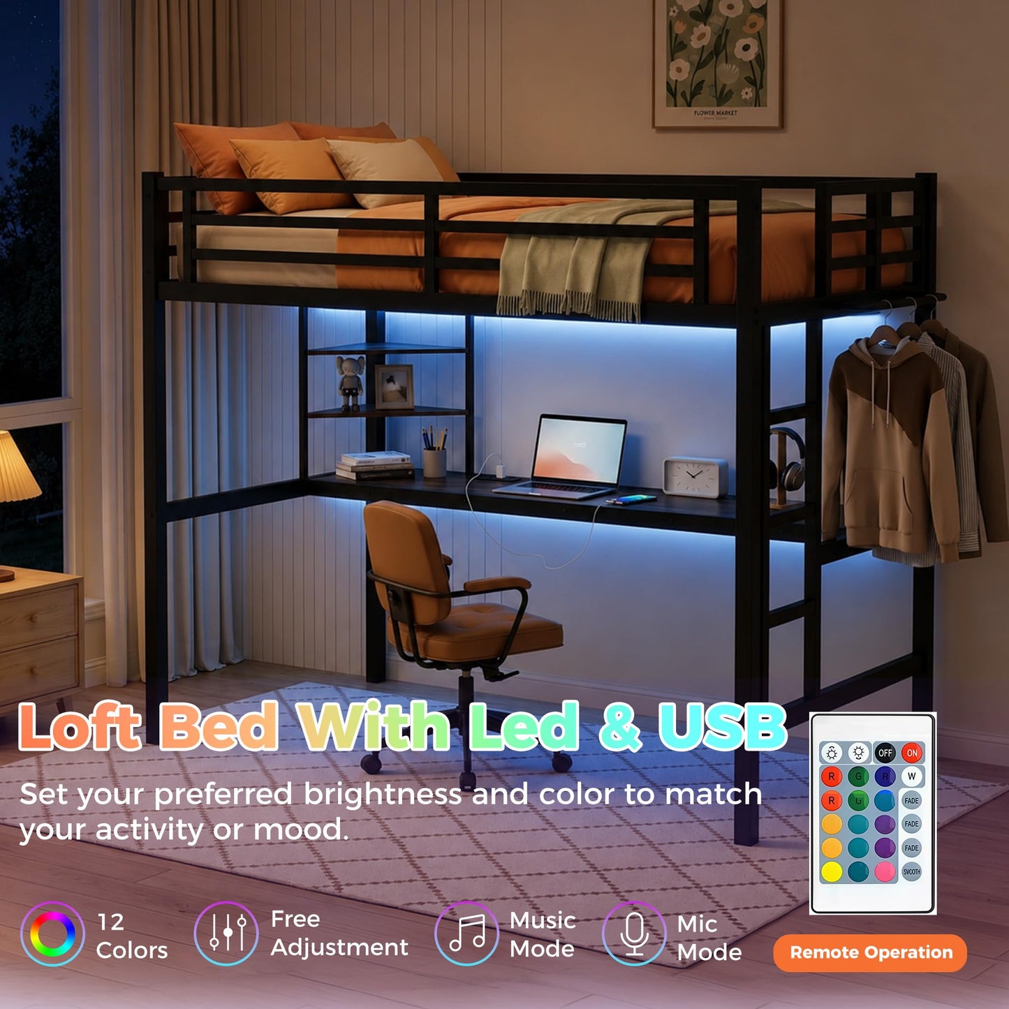 MAKIAAP Twin XL Size Metal Loft Bed with Desk & Ladder, LED Lights & Charging Station, Sturdy Noise-Free Frame for Kids, Teens & Adults, 350LBS, Space-Saving Design (Black, Twin XL)