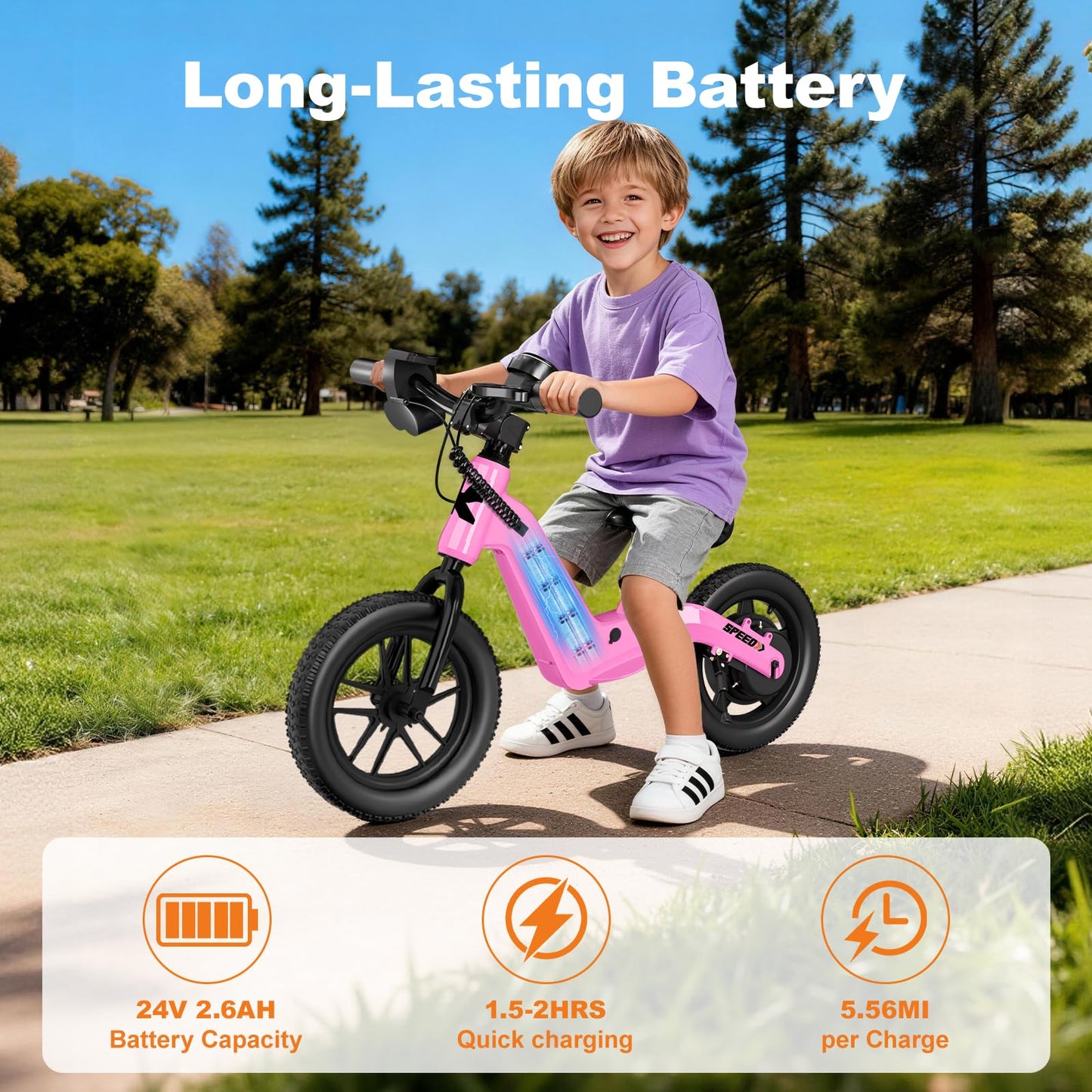 YunTopKids 24V Electric Balance Bike for Kids Ages 3-5, 12" Pneumatic Tires, Safe Kick-to-Start, 3 Speeds Up to 9.3 MPH, 180W Motor, LCD, Quick Charging, LED Lights (Pink)