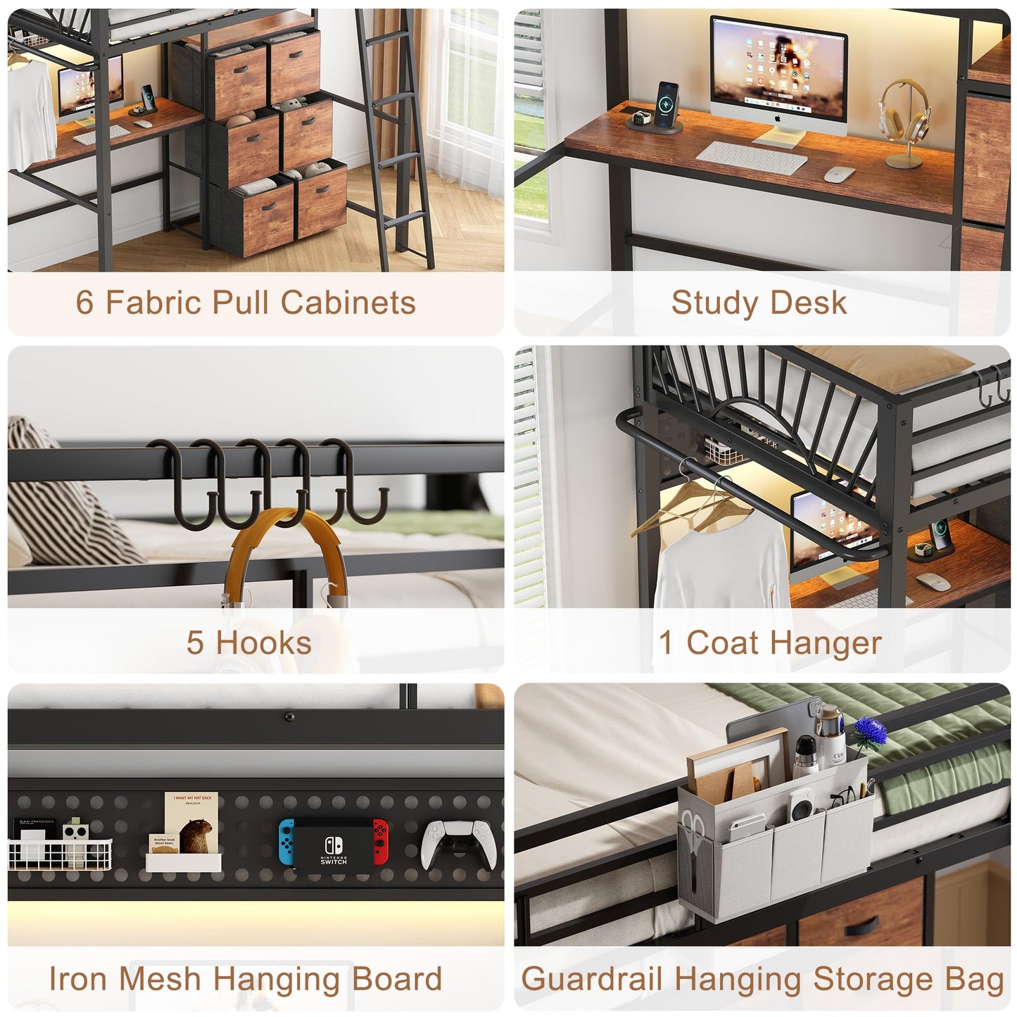 Decofy Twin Loft Bed with Desk and 6 Storage Drawers, Metal Loft Bed Twin Size with Charging Station & LED Lights, Bed Frame with Hanging Rod, Safety Ladder & Guardrail, Bedside Caddy for Kids, Teens