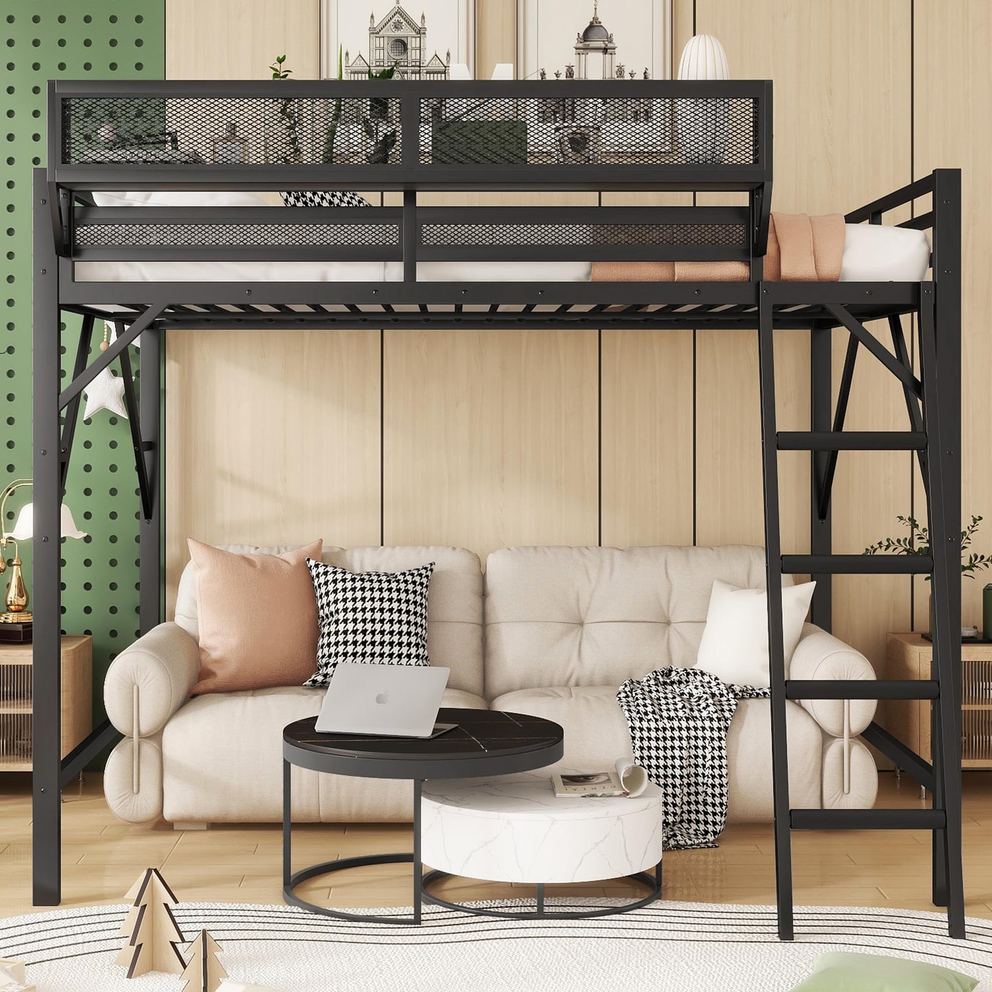 KEIKI Full Size Metal Loft Bed Frame with Ladder and Built-in Storage Shelves, for Teens, Modern Style Loft Bed with Solid Slats, Guardrail, No Box Spring Required, Easy Assembly, for Bedroom, Black