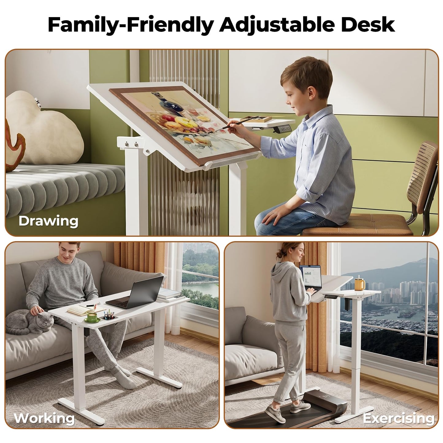 JOY worker Electric Drafting Table, 40×20" Height Adjustable Standing Art Desk, Drawing Workstation with 0‑90° Tiltable Surface, Cup Holder & Cable Management for Artist Craft Home Studio, White