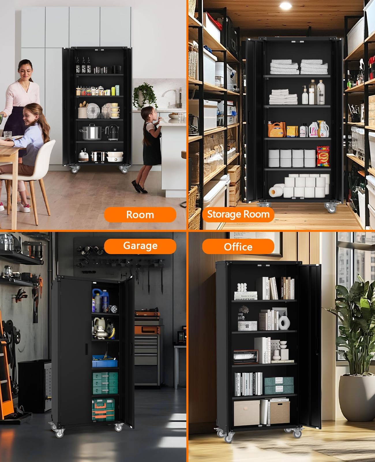MilleLoom 71" Tall Locking Metal Storage Cabinet on Wheels, Tall 2 Door Tool Cabinet, 4 Adjustable Shelves, Storage Cabinet for Pantry, Garage Home Office Utility Room Storage, Black