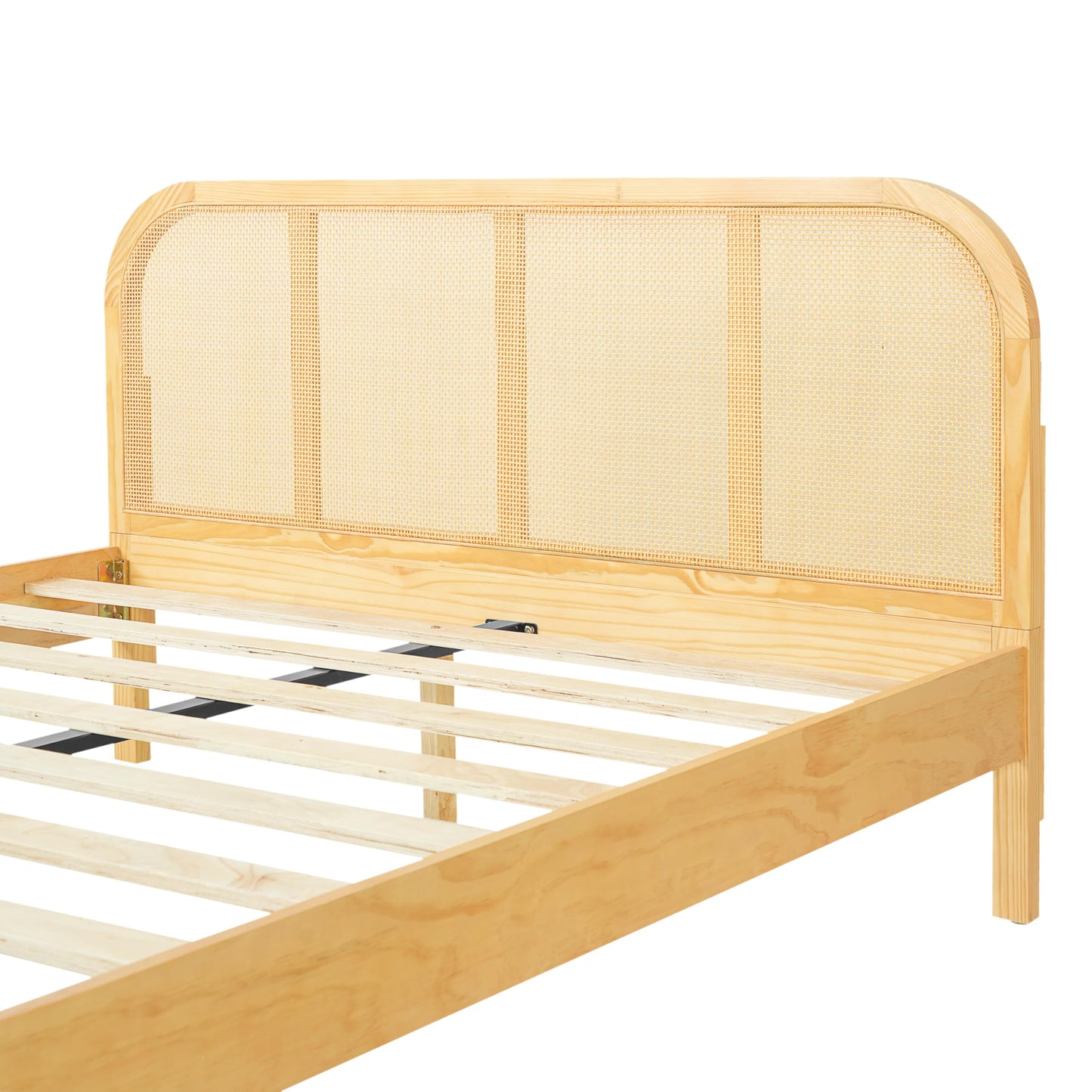 Merax Queen Size Natural Wood Bed Frame with Rattan Headboard, Boho Style Platform Bed Frame with Sturdy Solid Slats Support, No Box Spring Needed, 800lbs Capacity, Noise-Free, Easy Assembly