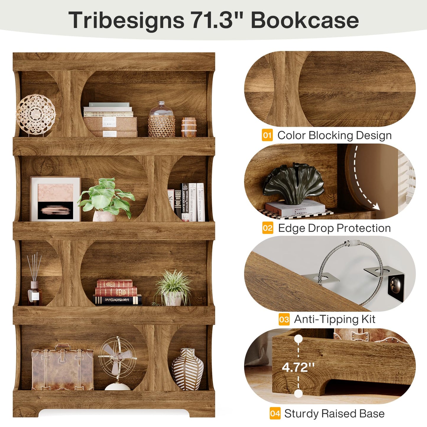 Tribesigns 71" Tall Bookcase, 4-Tier S-Shaped Bookshelf, Wood Decorative Storage Shelving, Modern Freestanding Display Shelves, Large Library Book Shelf Unit for Home Office Living Room Bedroom, Brown