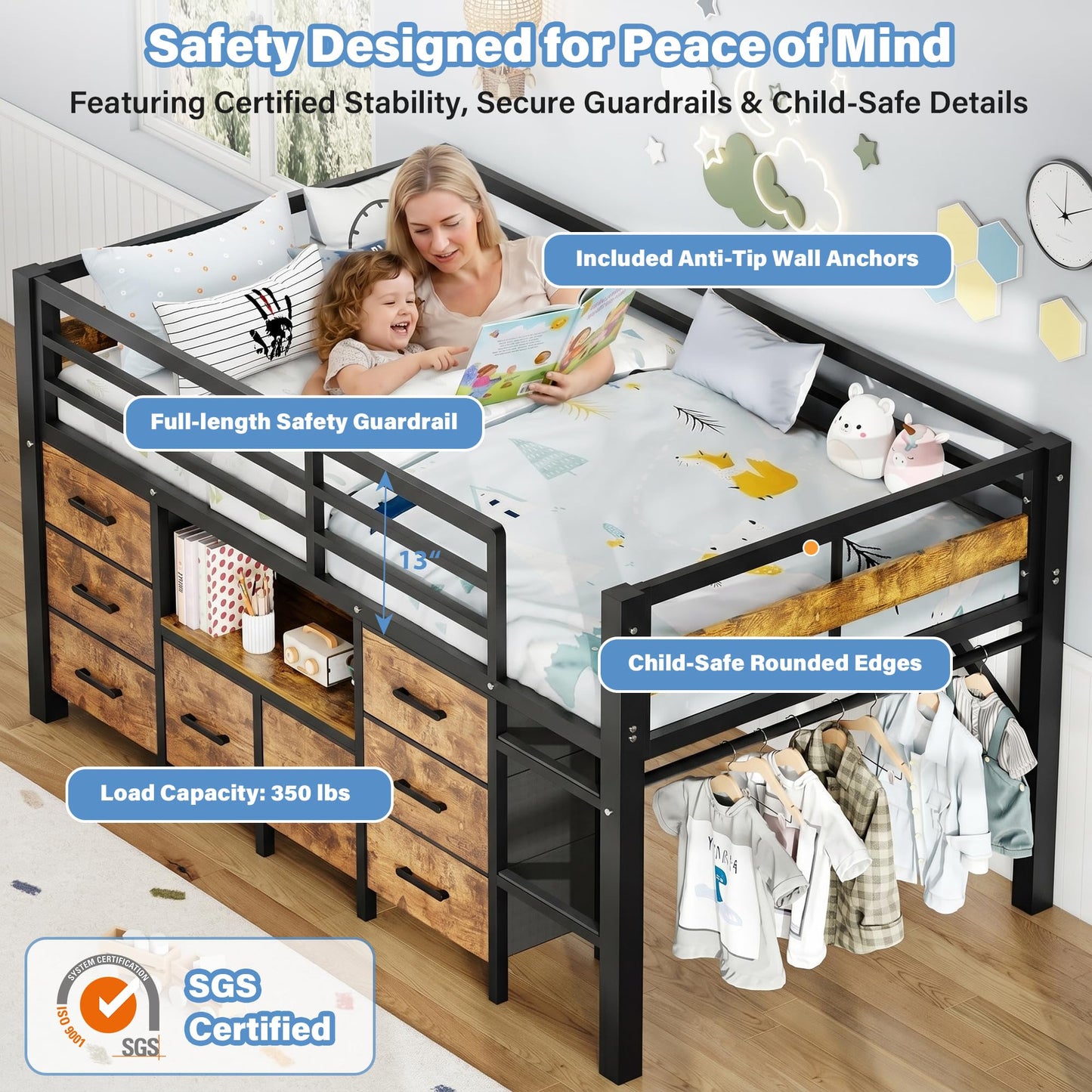 iPormis Low Loft Bed Twin Size with Bookcase, 8 Storage Drawers, Metal Kids Loft Bed with 13 Inch H Safety Guardrail, Play Curtain, Under-Bed Play Space - Rustic Brown
