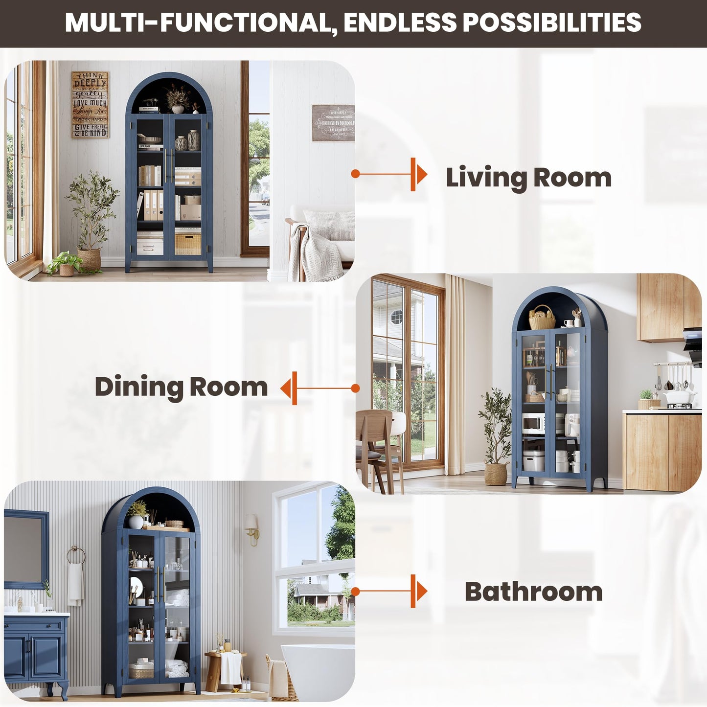 GarveeHome Arched Kitchen Pantry Cabinet - Farmhouse 5 Tier Display Shelf with Adjustable Shelf and 2 Large Glass Doors, Versatile Storage Cupboard for Kitchen, Dining Room, Living Room, Night Blue