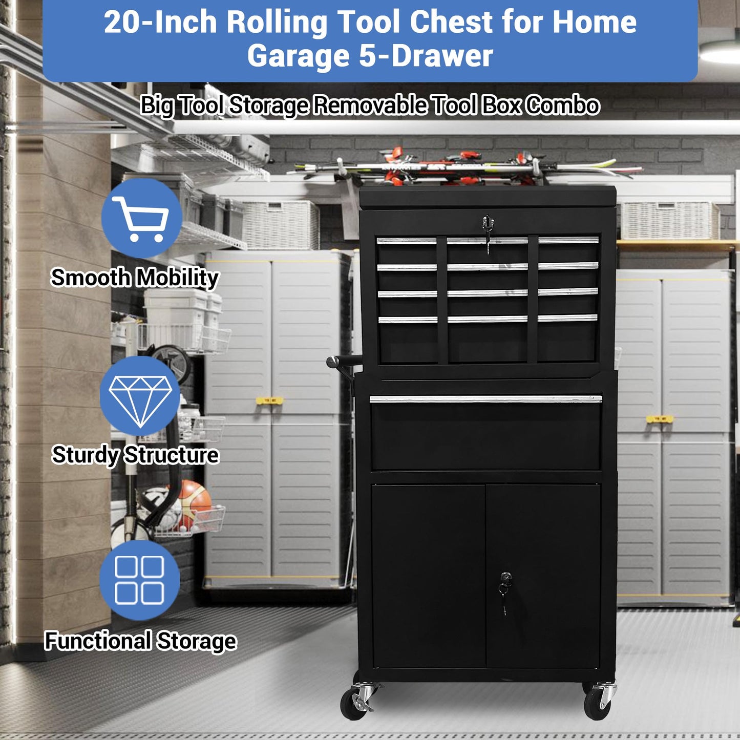 5-Drawer Rolling Tool Chest with Wheels & Lock, Heavy Duty Metal Tool Storage Cabinet with Removable Top Chest, Mobile Garage Storage Organizer for Workshop, Black