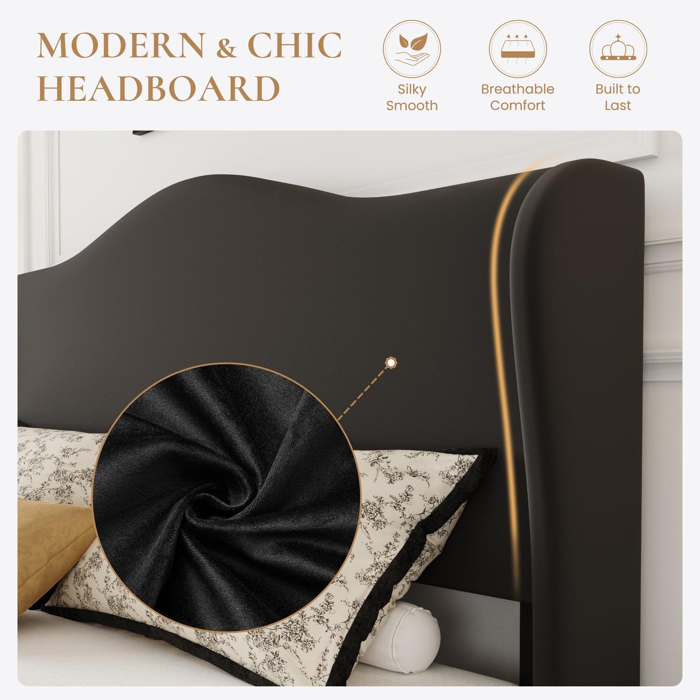 SHA CERLIN King Size Velvet Platform Bed Frame with Elegant Wingback Headboard, Modern & Luxurious Design, Sturdy Wooden Slats, No Box Spring Required, Easy Assembly, Noise-Free, Soft Black