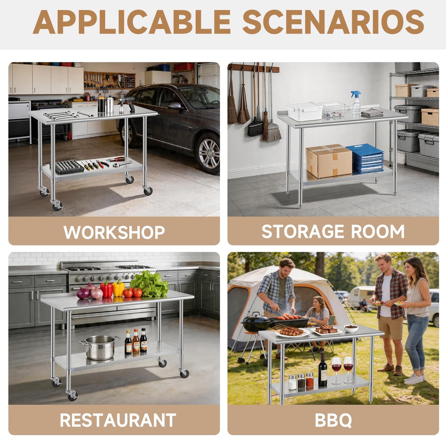 ROCKPOINT All Stainless Steel Prep Table with Caster 24x72 Inch, Commercial Heavy Duty Workbench with Stainless Legs & Adjustable Undershelf, 890 lb Capacity for Outdoor Kitchens with Wheel