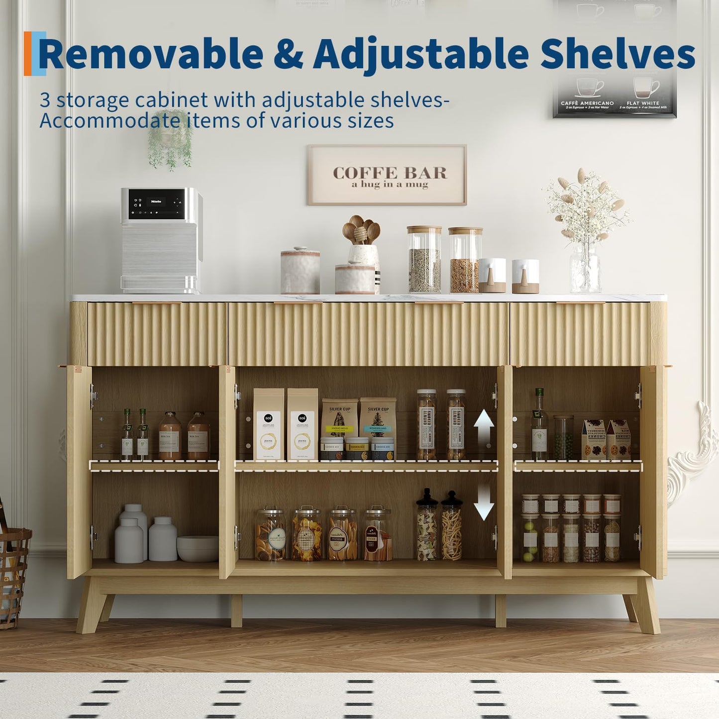 Garvee 60" Large Fluted Buffet Sideboard Cabinet with Drawers, Modern Farmhouse Buffet Storage Cabinet with Adjustable Shelves and Doors, Wood Coffee Bar Station Kitchen Console Table for Dining Room