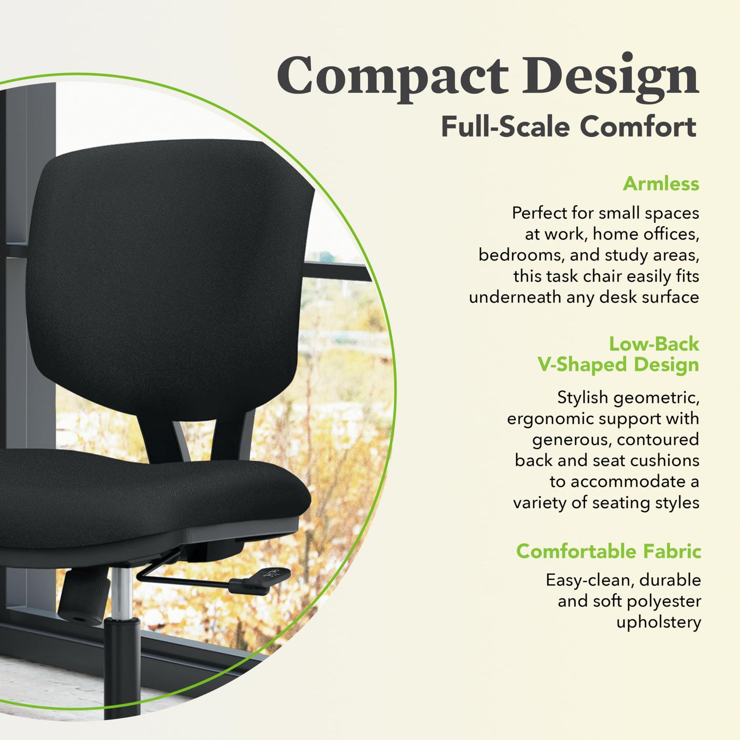 HON Volt Ergonomic Office Chair with Fabric Seat and Back, Armless Desk and Computer Chair with Adjustable Center‑Tilt Recline and Wheels for Home Office or Workstation, Black