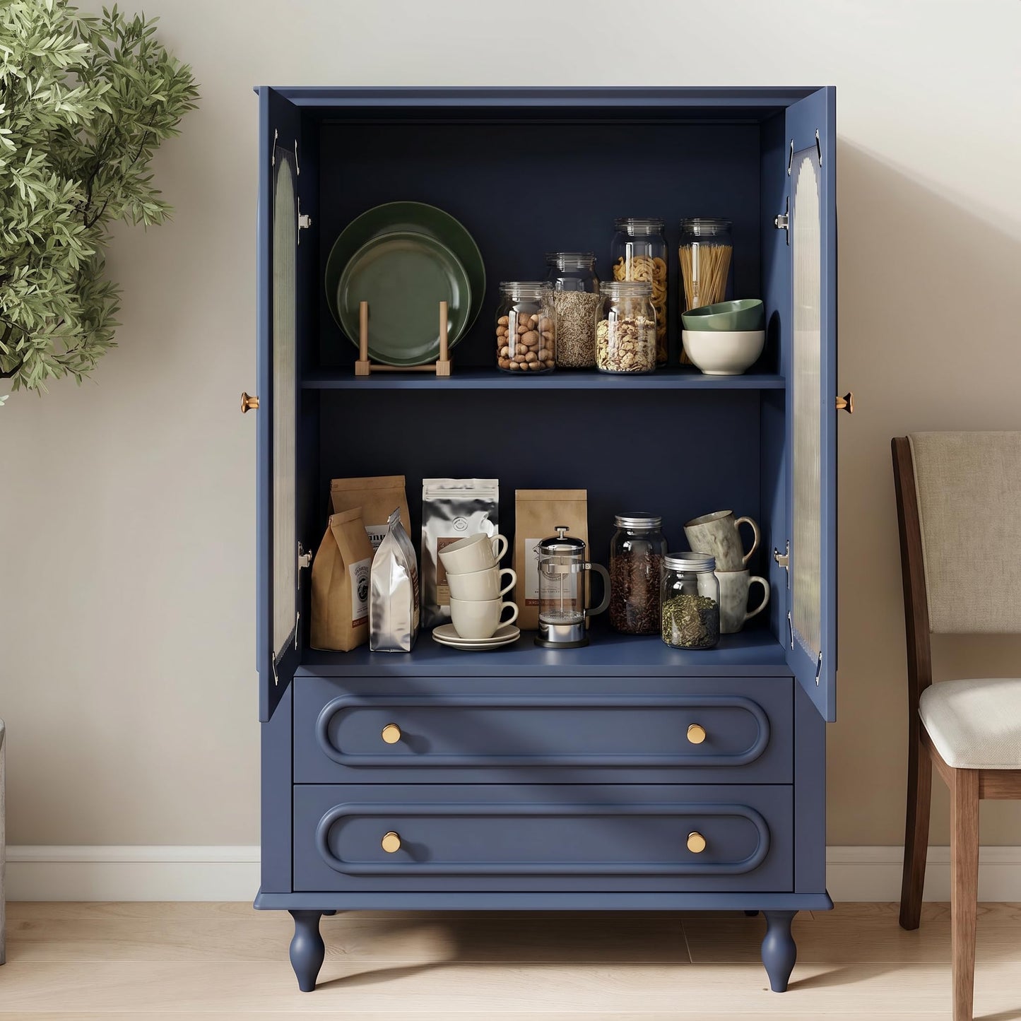 KEIKI Glass Display Cabinet with Ribbed Glass Doors, 46.5" Wooden Curio Cabinet with 2 Drawers & Adjustable Shelf, Freestanding Buffet Storage Unit for Living Room Dining Room Entryway, Blue