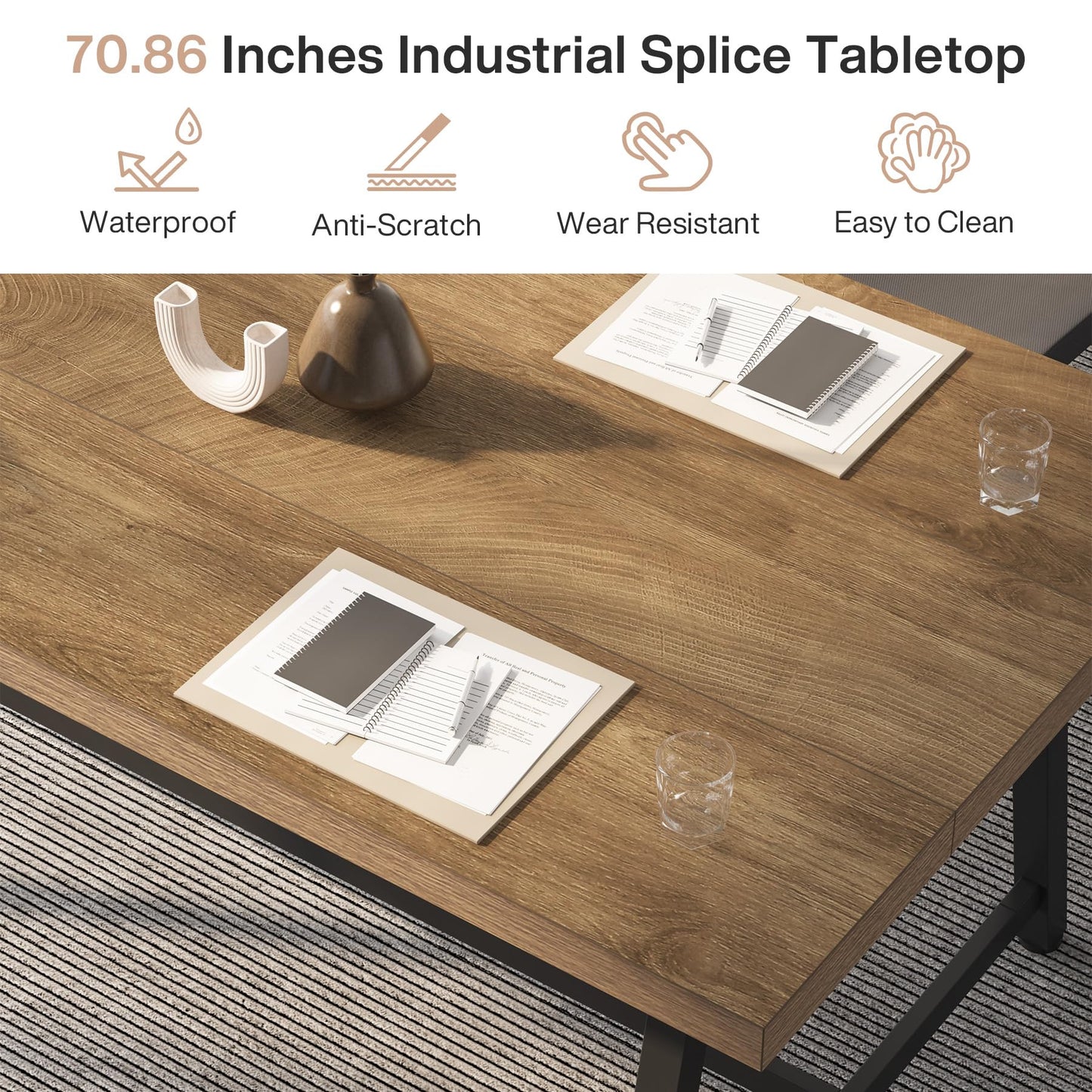 Tribesigns 6FT Rectangle Conference Table, 70.87L x 33.46W x 29.92H Inches Meeting Table for Conference Room, Wood Office Executive Desk with Strong Metal Frame for 6 People, Yellow Brown